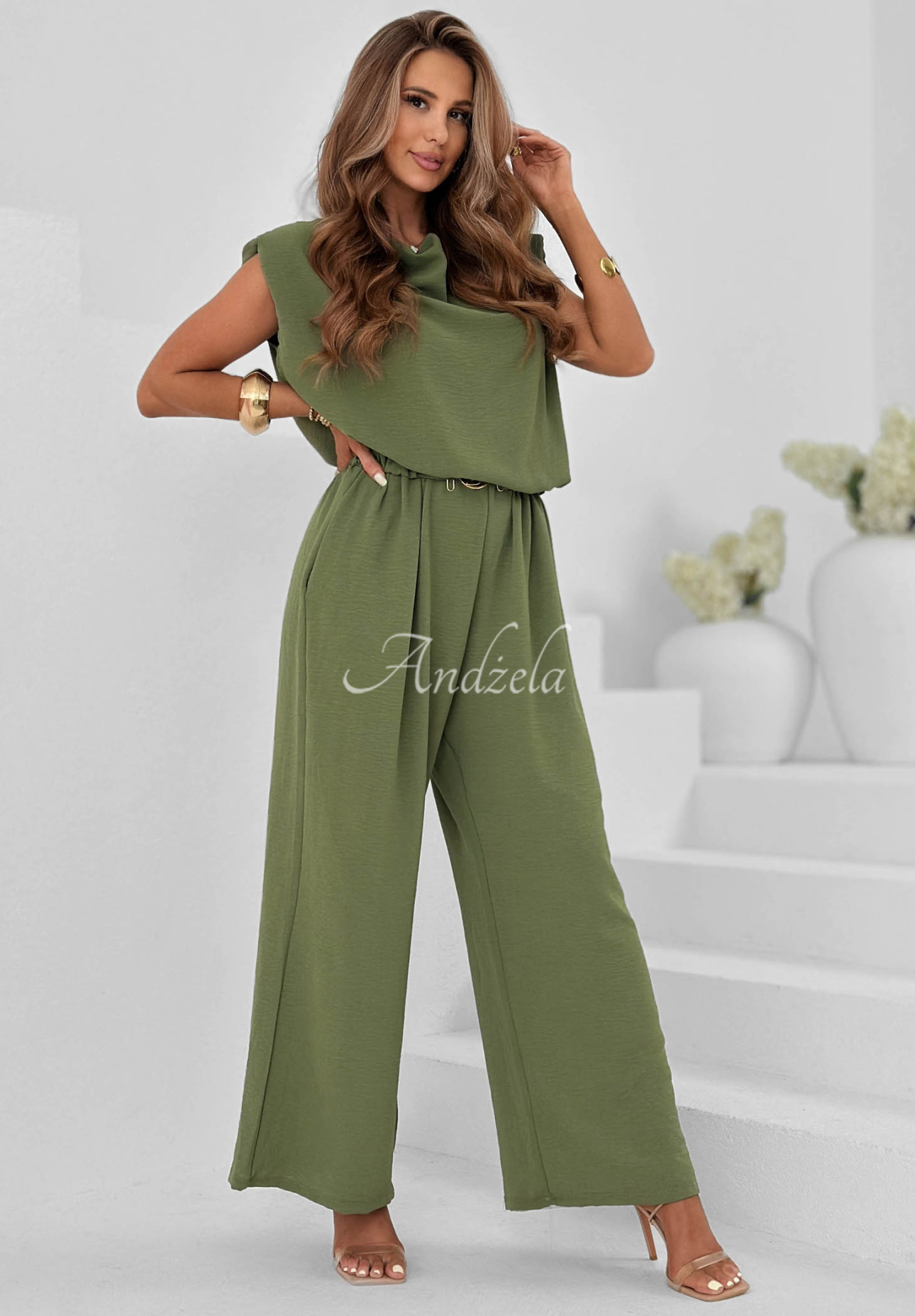 Langer Jumpsuit mit Viskose und Gürtel Sun Moment Pistaziengrün