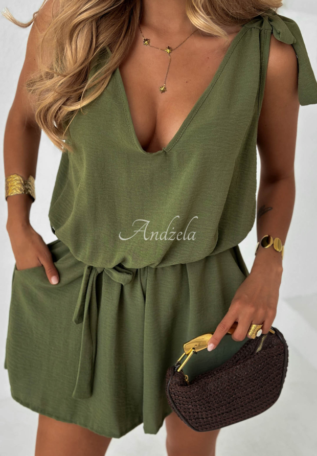 Kurzer Viskose-Overall mit gebundenen Tr&auml;gern Lanai Sun Khaki