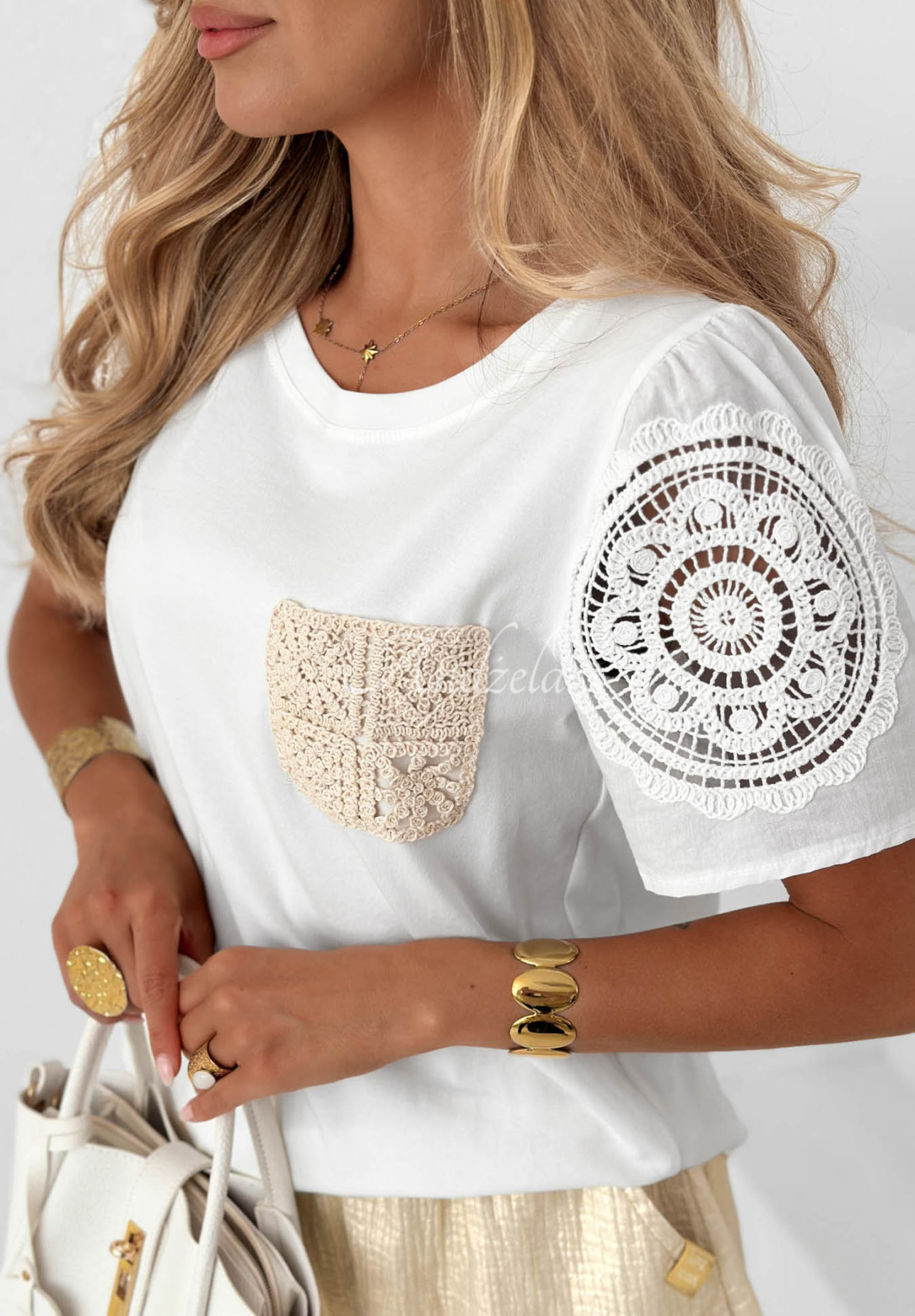 Baumwoll-T-Shirt mit Spitze und Tasche Tropical Pearl Weiß
