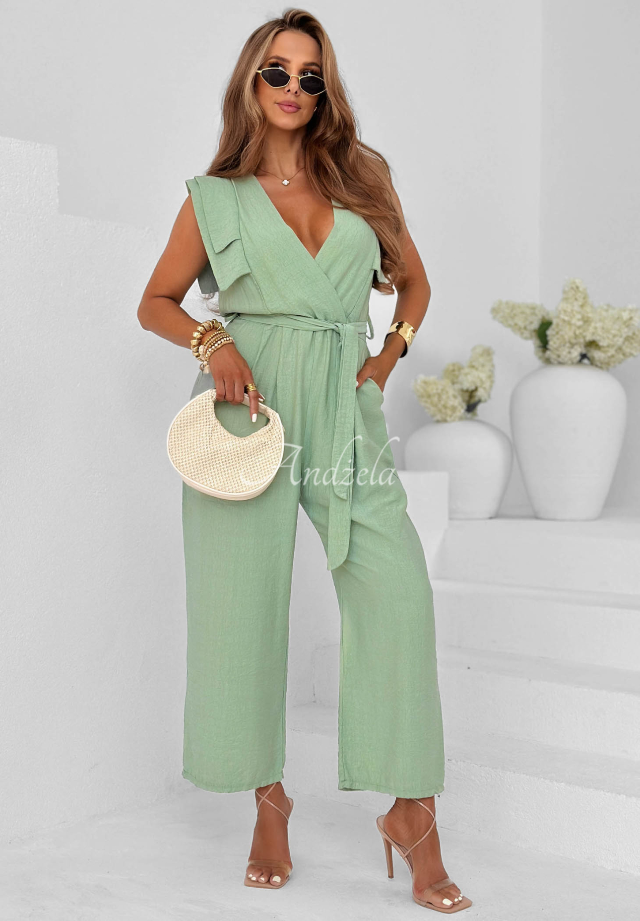 Langer, wide-leg Jumpsuit aus Viskose mit Gürtel Warm Sands Pistaziengrün