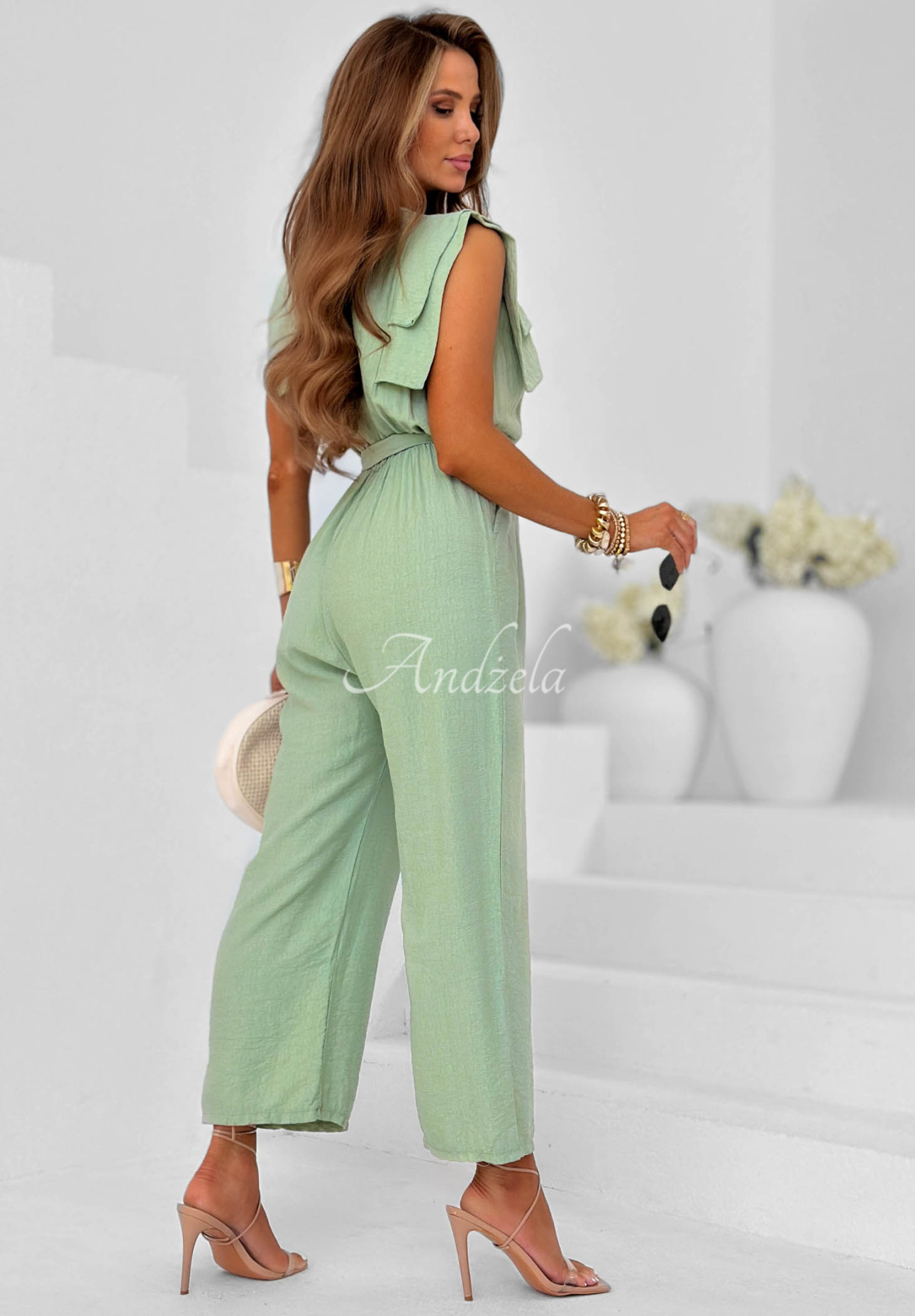 Langer, wide-leg Jumpsuit aus Viskose mit Gürtel Warm Sands Pistaziengrün