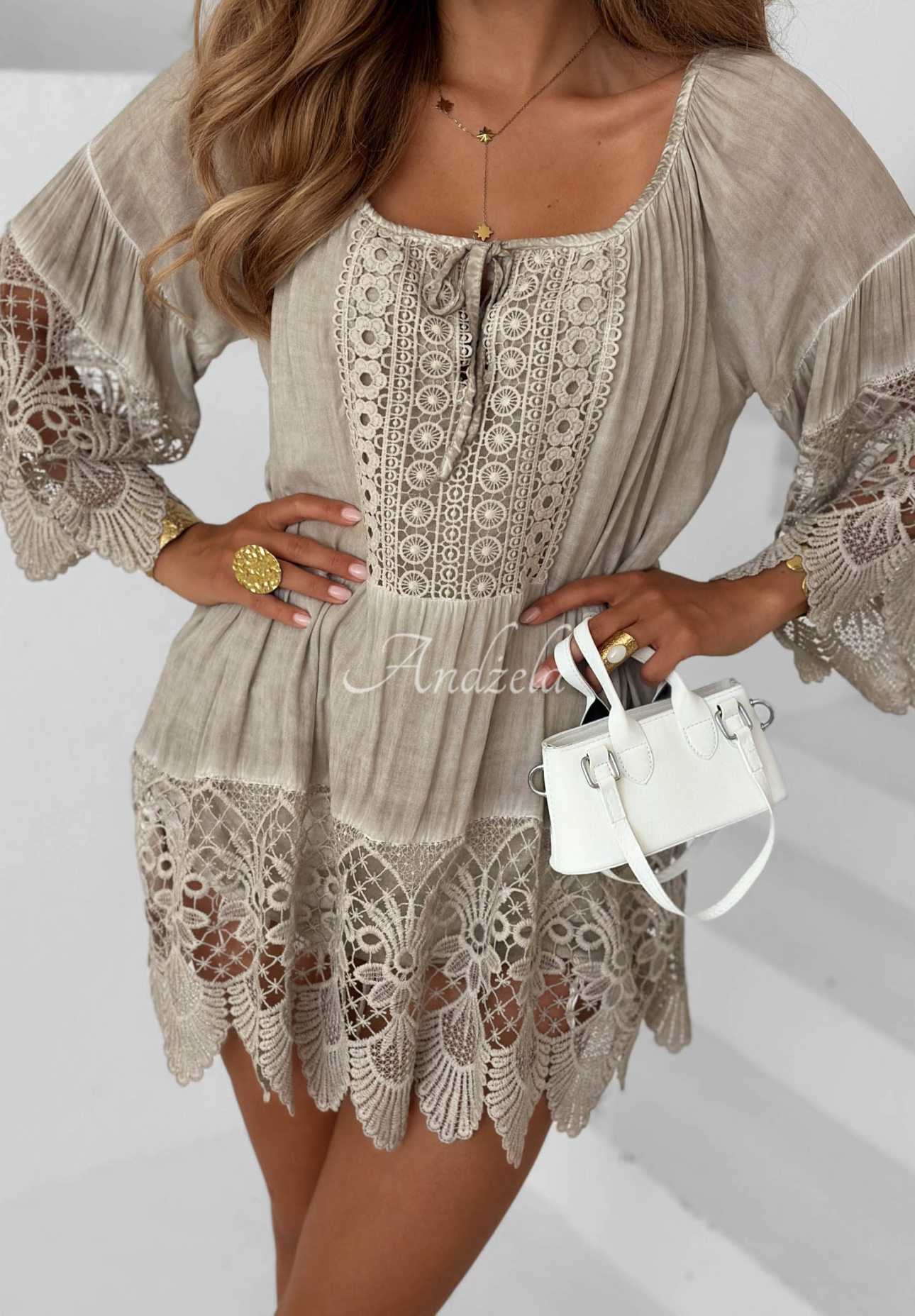 Tunikabluse aus Viskose mit Spitze boho Sunny Lagoon Beige