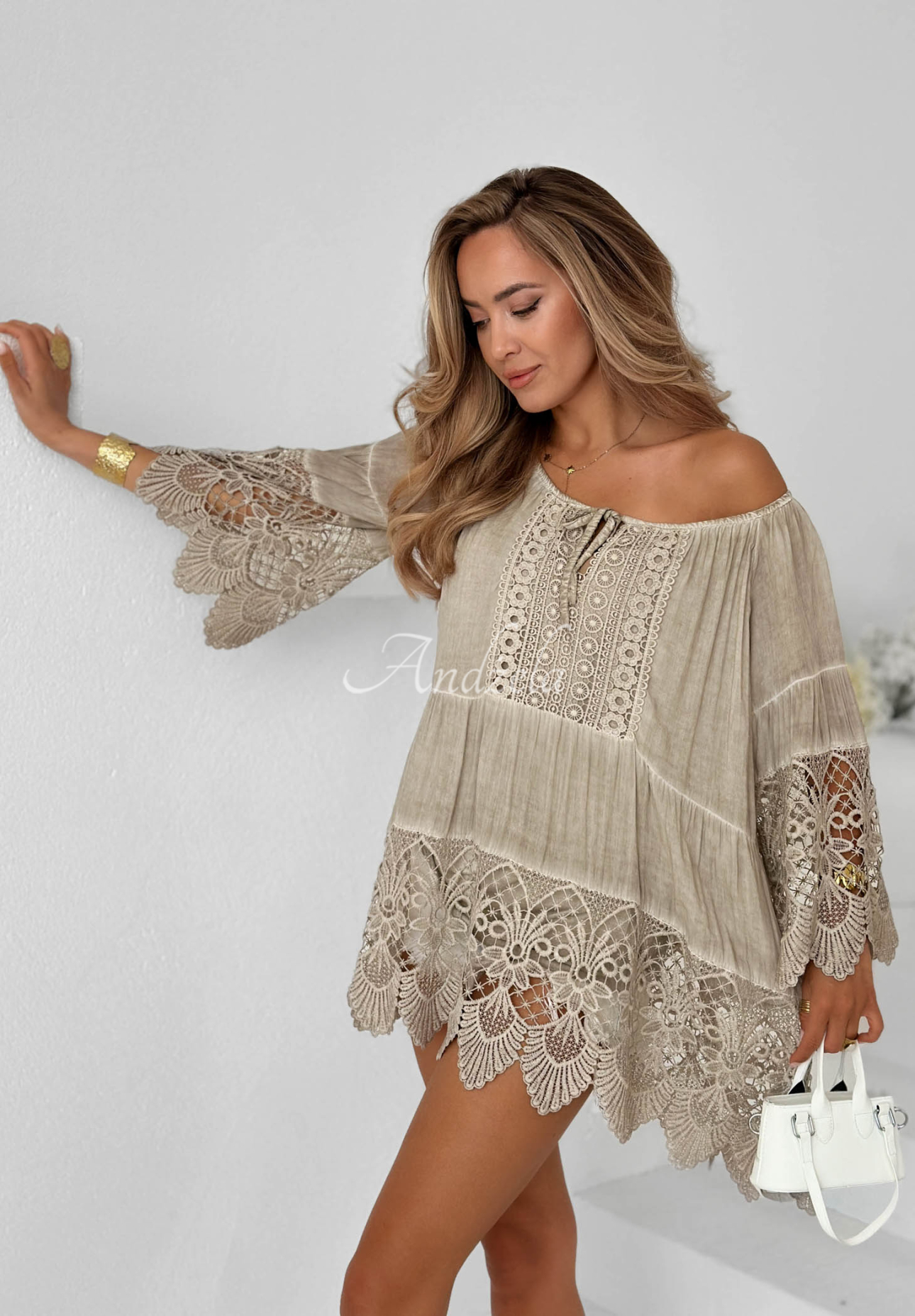 Tunikabluse aus Viskose mit Spitze boho Sunny Lagoon Beige