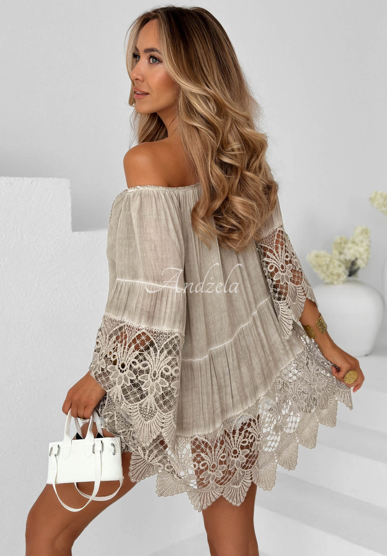 Tunikabluse aus Viskose mit Spitze boho Sunny Lagoon Beige