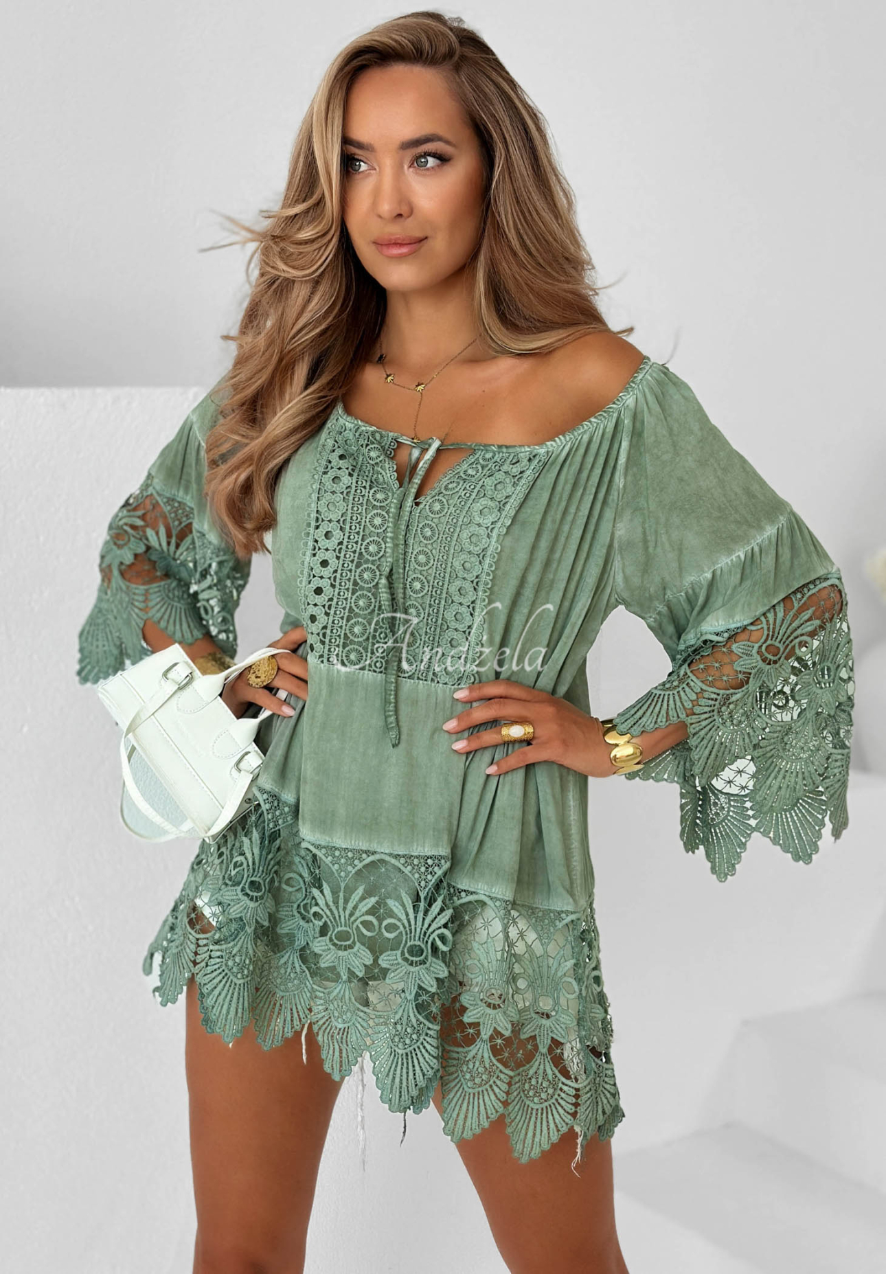 Tunikabluse aus Viskose mit Spitze boho Sunny Lagoon Pistaziengrün