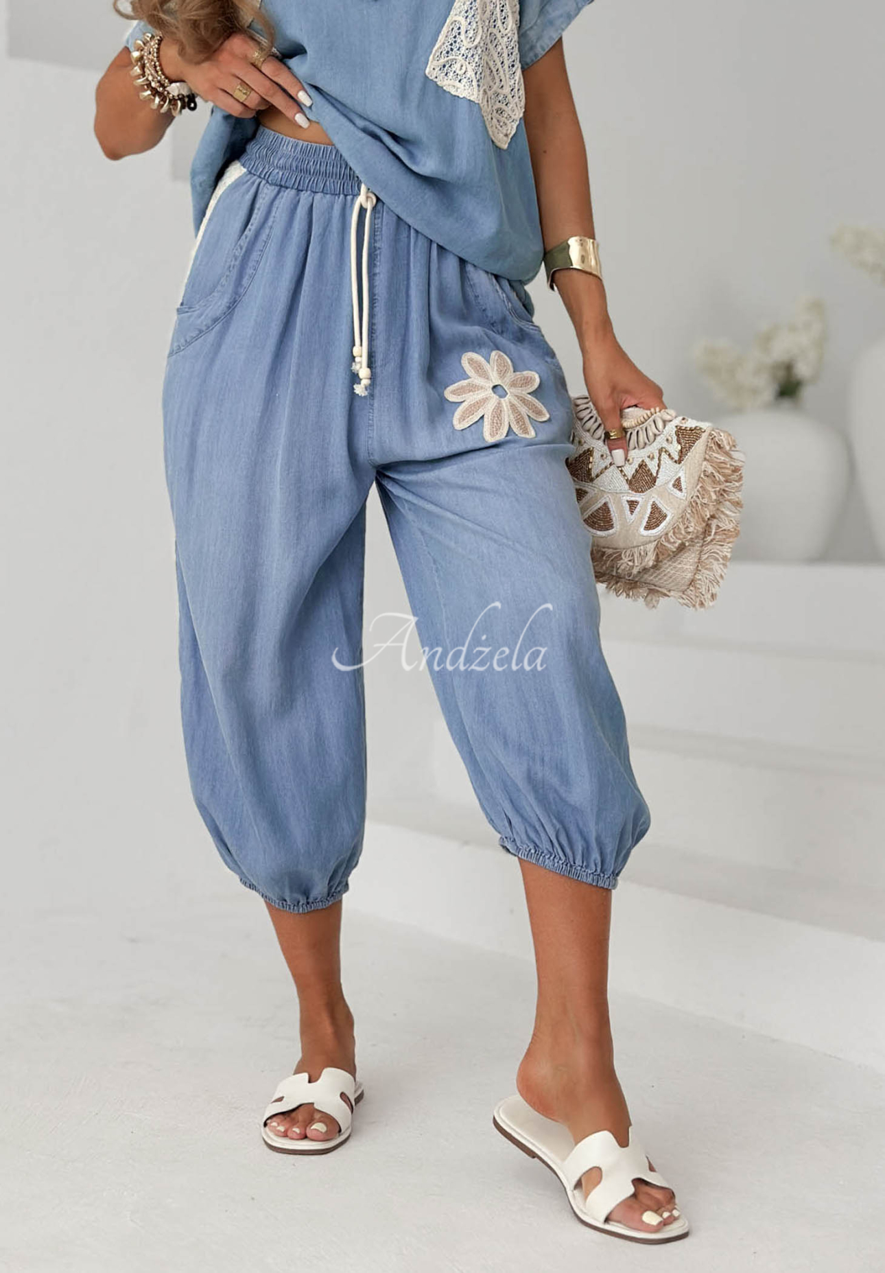 Baumwoll-Jogginghose mit Aufnäher Sunset Palm Blau
