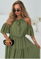 Kleid maxi z falbankami i odkrytymi ramionami Soleil Days Olivgrün