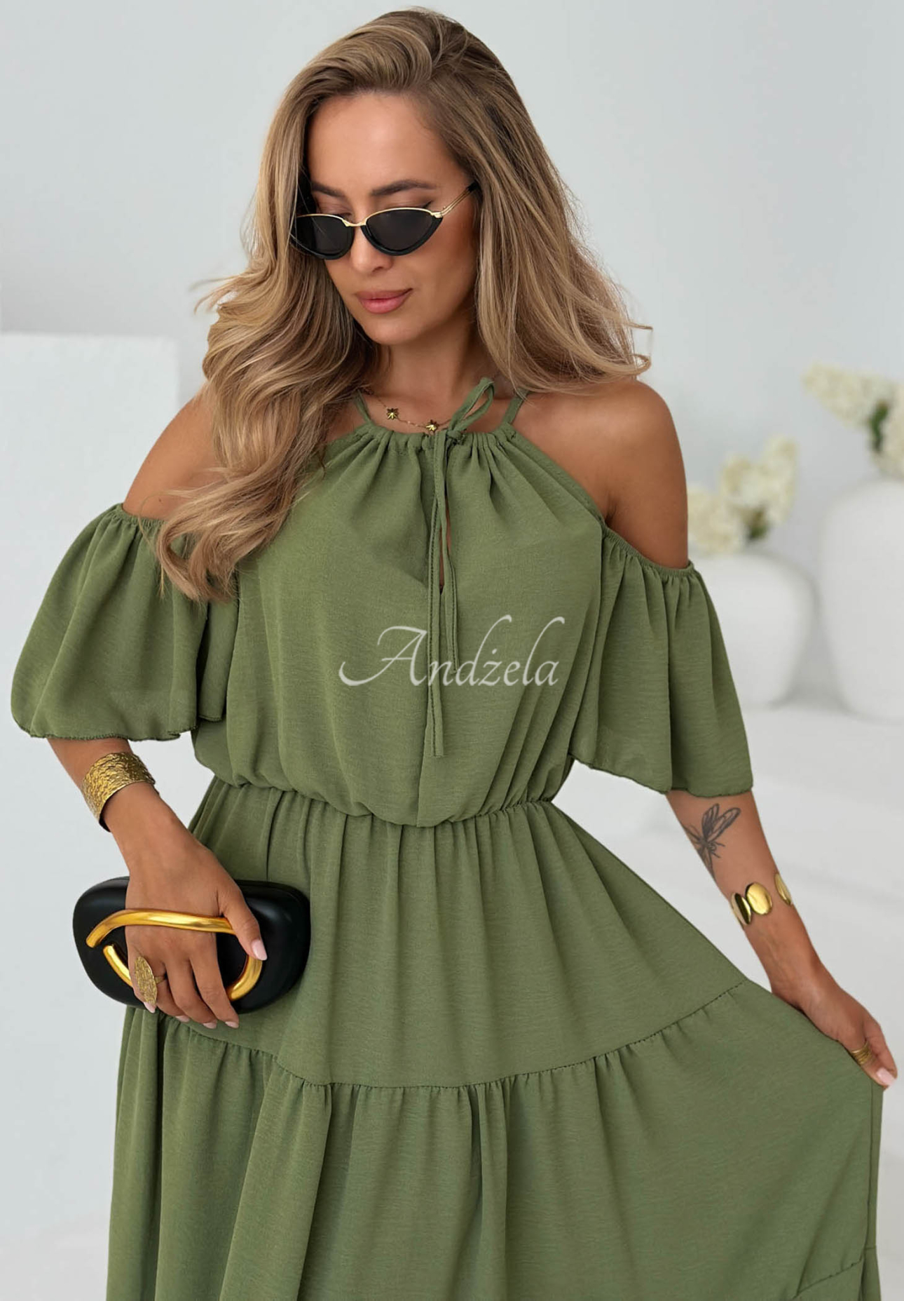 Viskose-Midi-Kleid mit Rüschen und freien Schultern Soleil Days Olivgrün