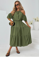 Kleid maxi z falbankami i odkrytymi ramionami Soleil Days Olivgrün