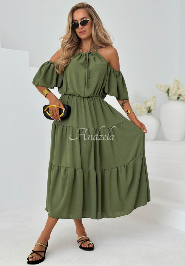 Viskose-Midi-Kleid mit R&uuml;schen und freien Schultern Soleil Days Olivgr&uuml;n