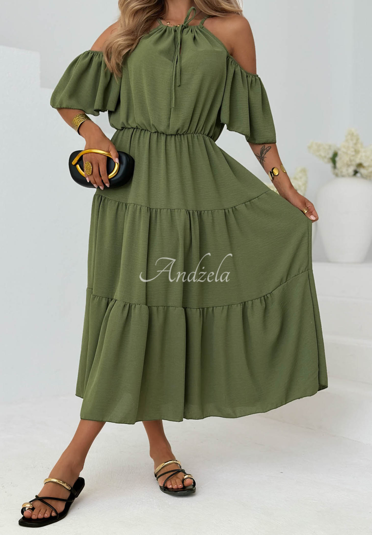 Viskose-Midi-Kleid mit Rüschen und freien Schultern Soleil Days Olivgrün