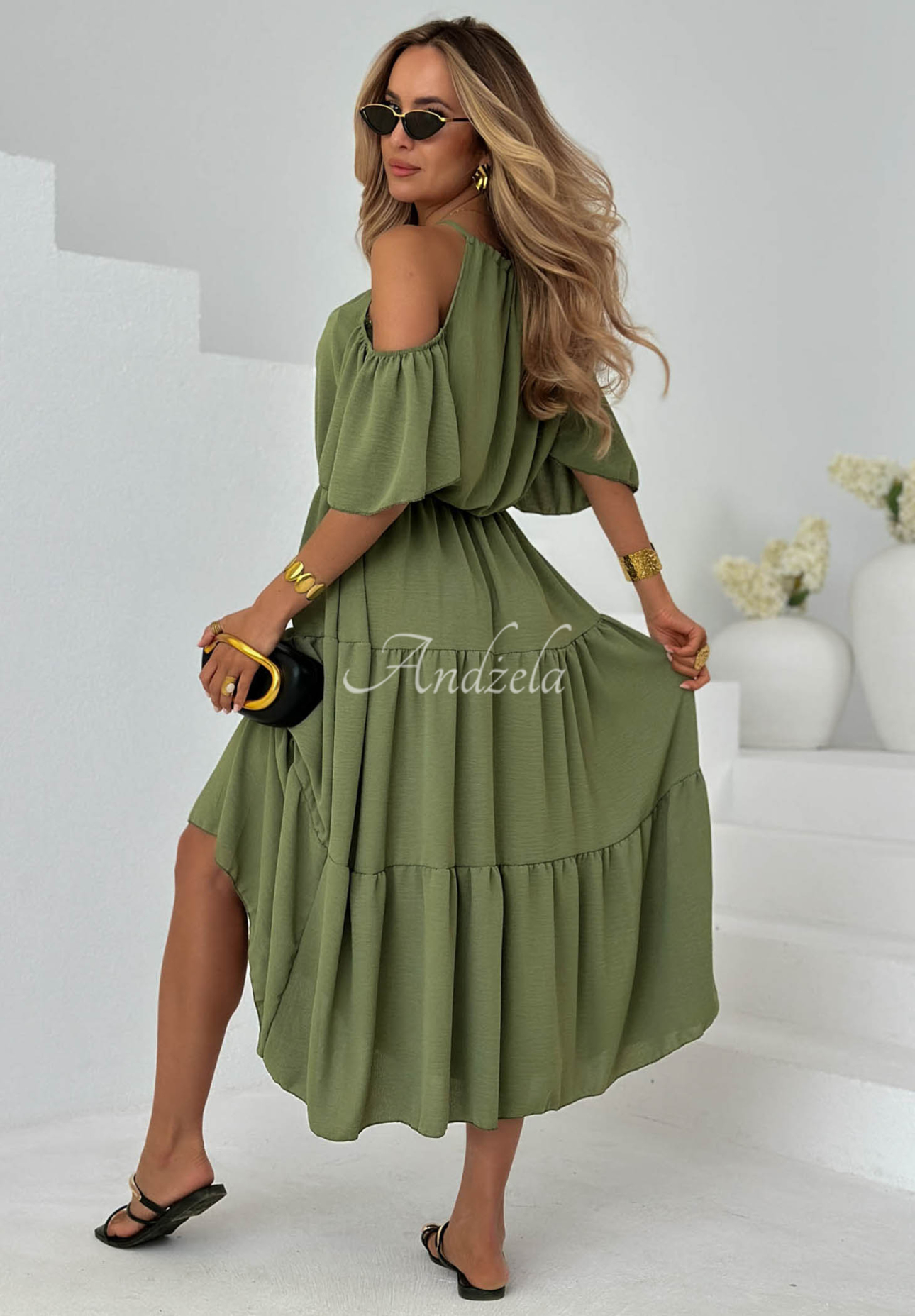 Viskose-Midi-Kleid mit Rüschen und freien Schultern Soleil Days Olivgrün