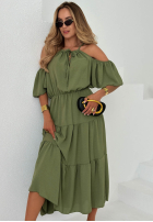 Kleid maxi z falbankami i odkrytymi ramionami Soleil Days Olivgrün