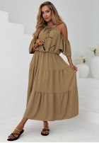 Kleid maxi z falbankami i odkrytymi ramionami Soleil Days Olivgrün