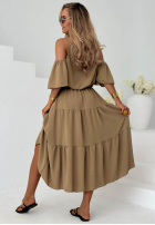 Kleid maxi z falbankami i odkrytymi ramionami Soleil Days Olivgrün