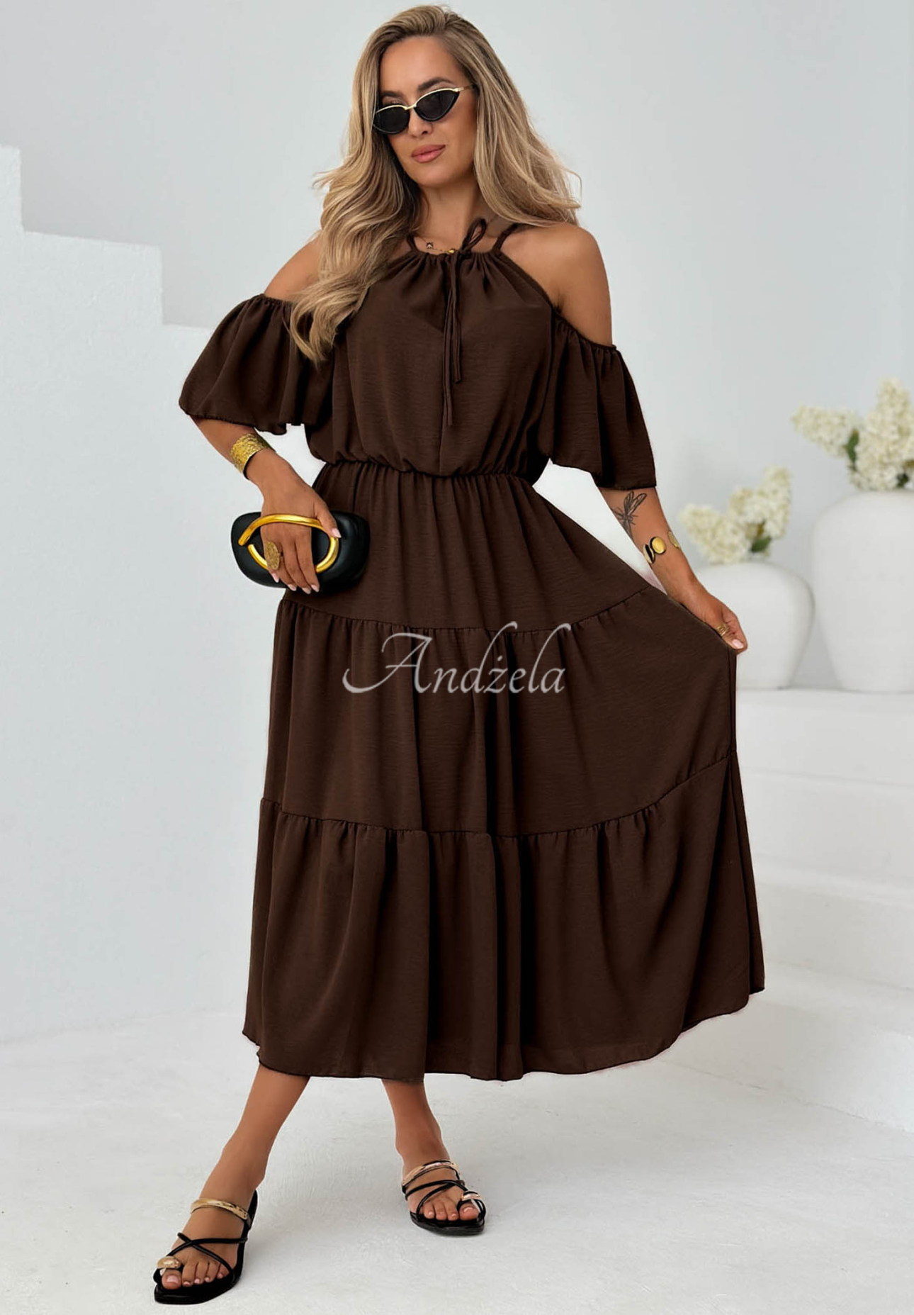 Viskose-Midi-Kleid mit Rüschen und freien Schultern Soleil Days Schokoladenbraun
