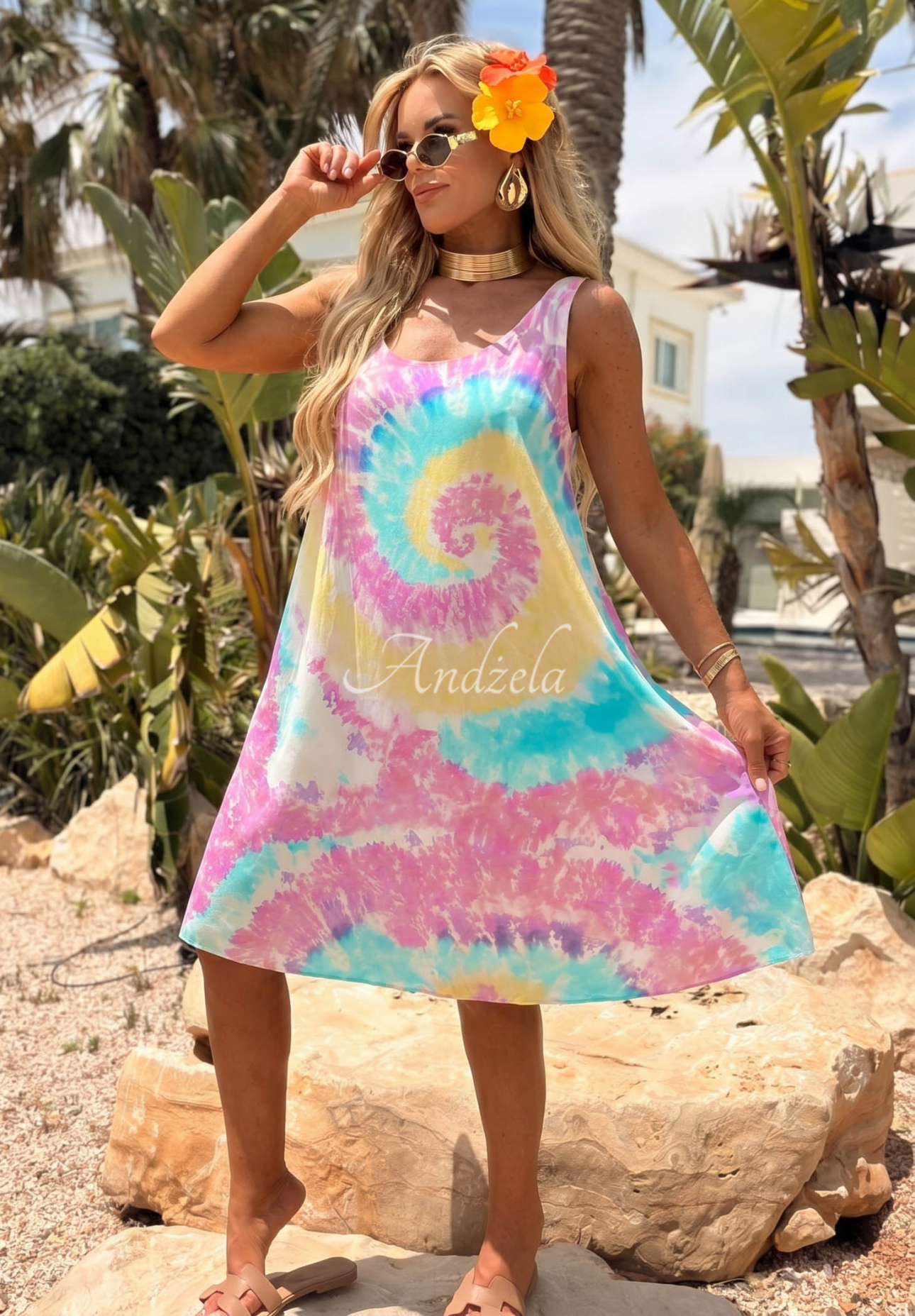 Mini-Tunikakleid aus Viskose mit Trägern tie dye Pastel Tropics hellblau-rosa