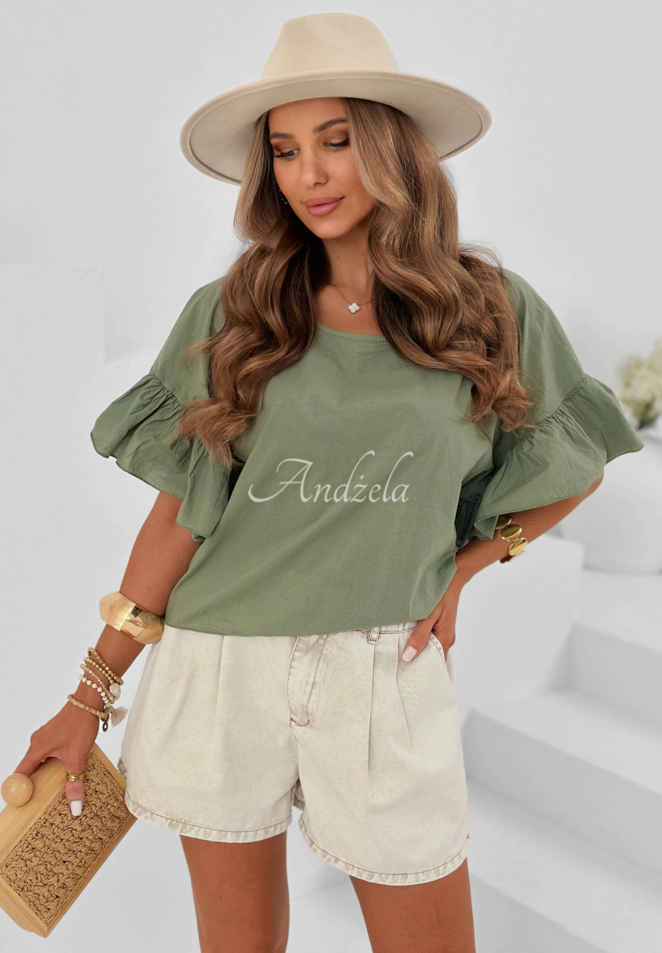 Leichte Baumwollbluse mit Rüschen Sun Breeze Khaki