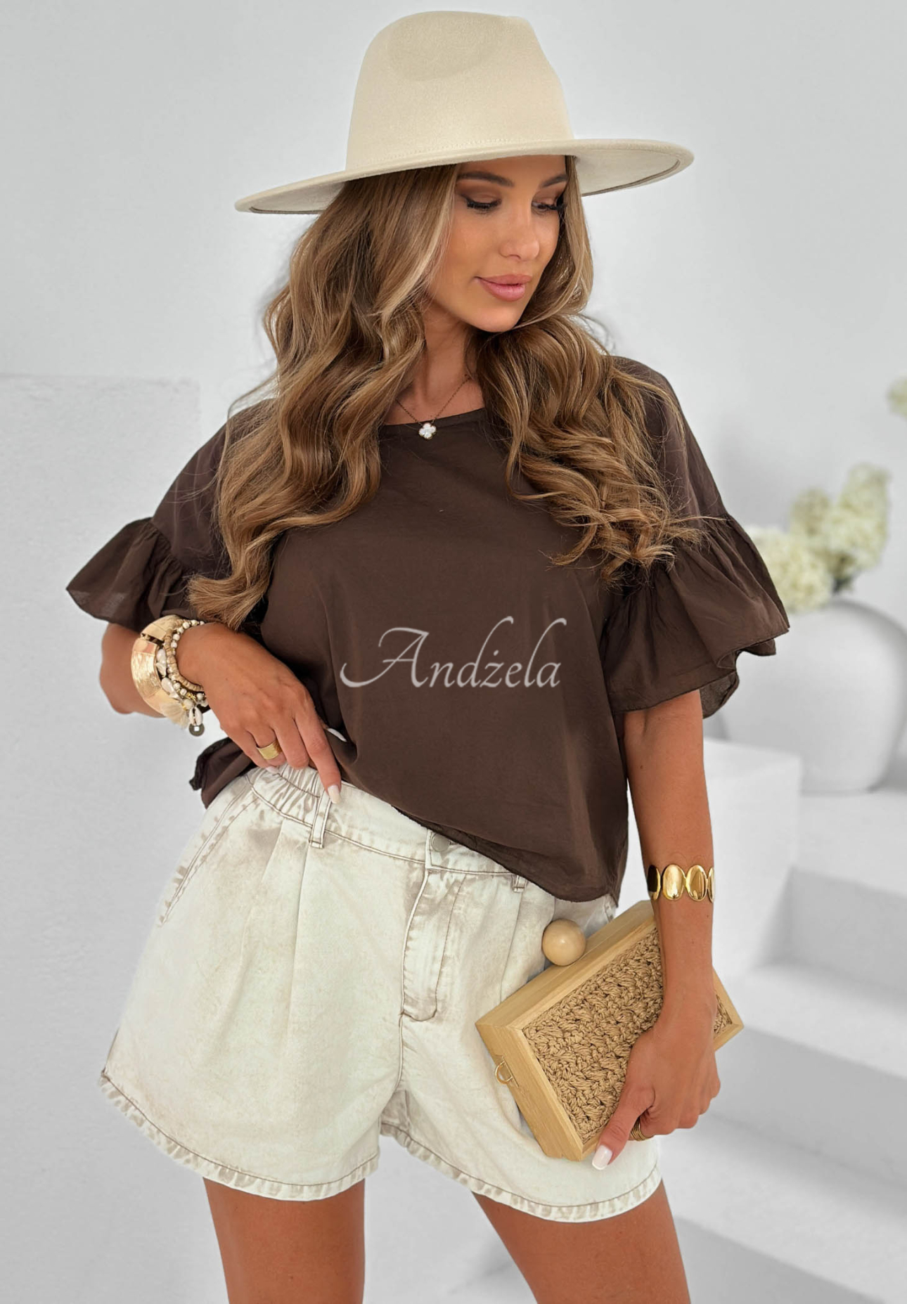 Leichte Baumwollbluse mit Rüschen Sun Breeze Schokoladenbraun