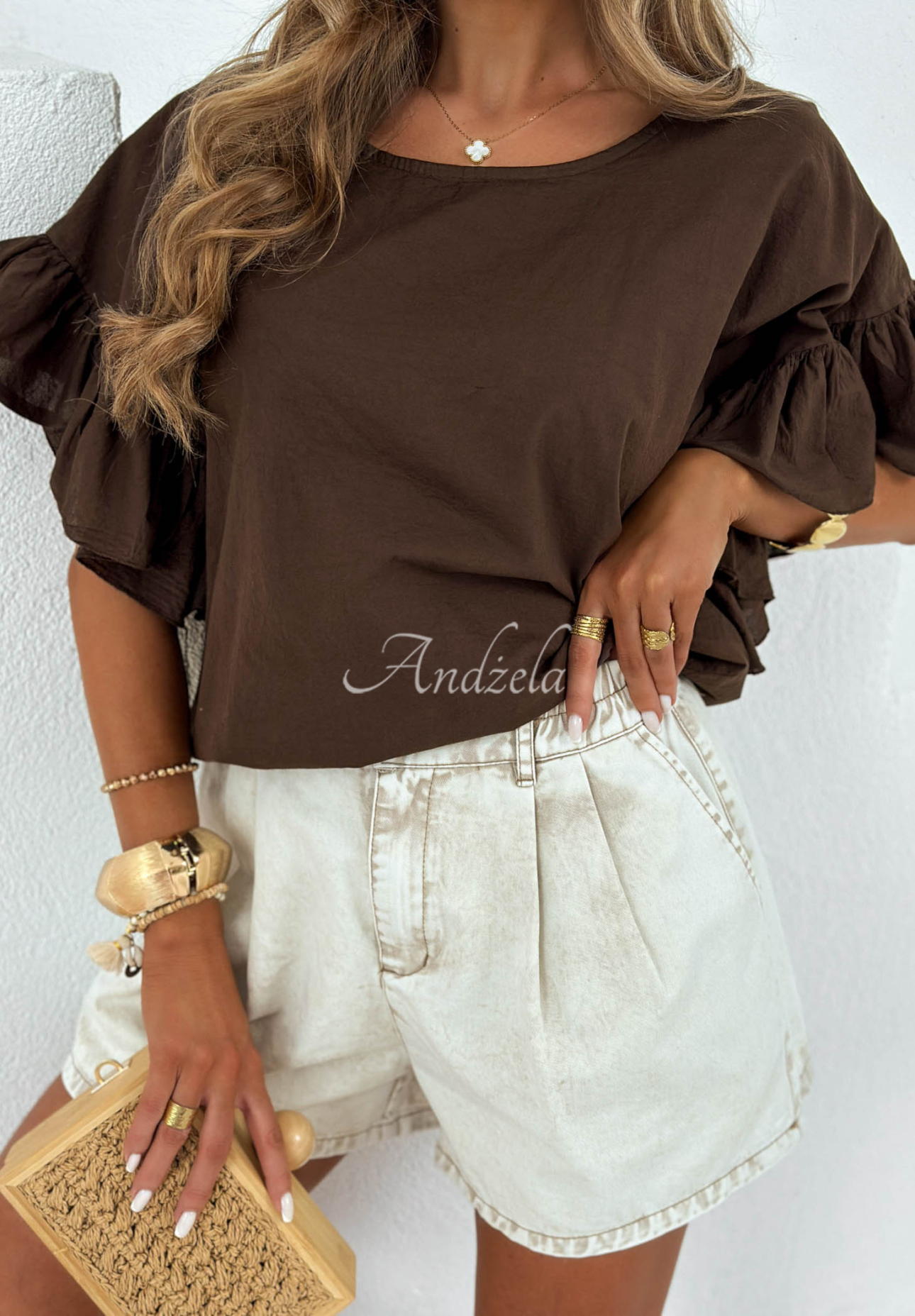 Leichte Baumwollbluse mit Rüschen Sun Breeze Schokoladenbraun