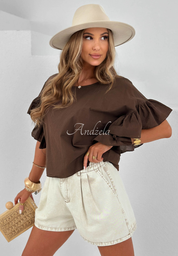 Leichte Baumwollbluse mit R&uuml;schen Sun Breeze Schokoladenbraun