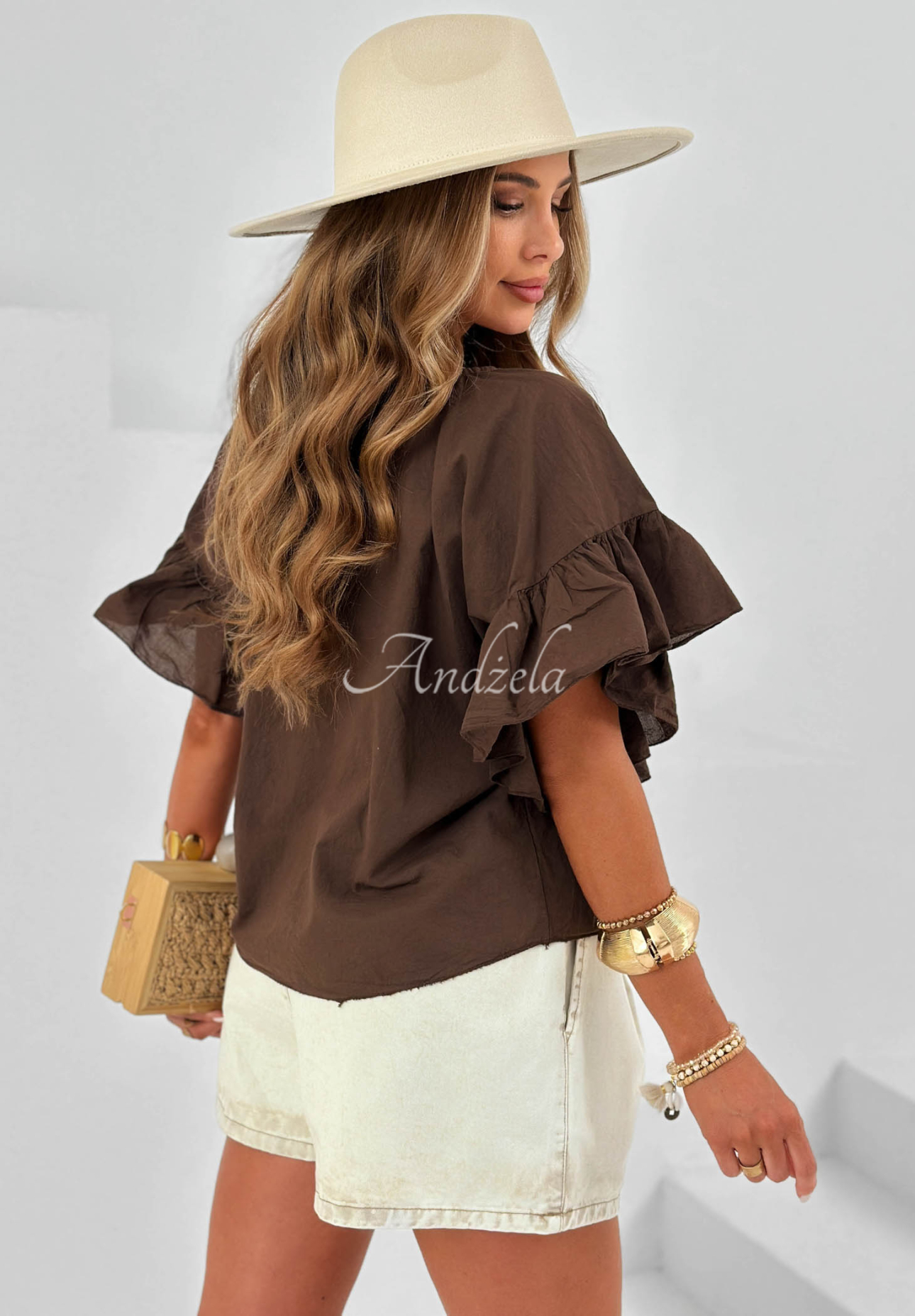 Leichte Baumwollbluse mit Rüschen Sun Breeze Schokoladenbraun