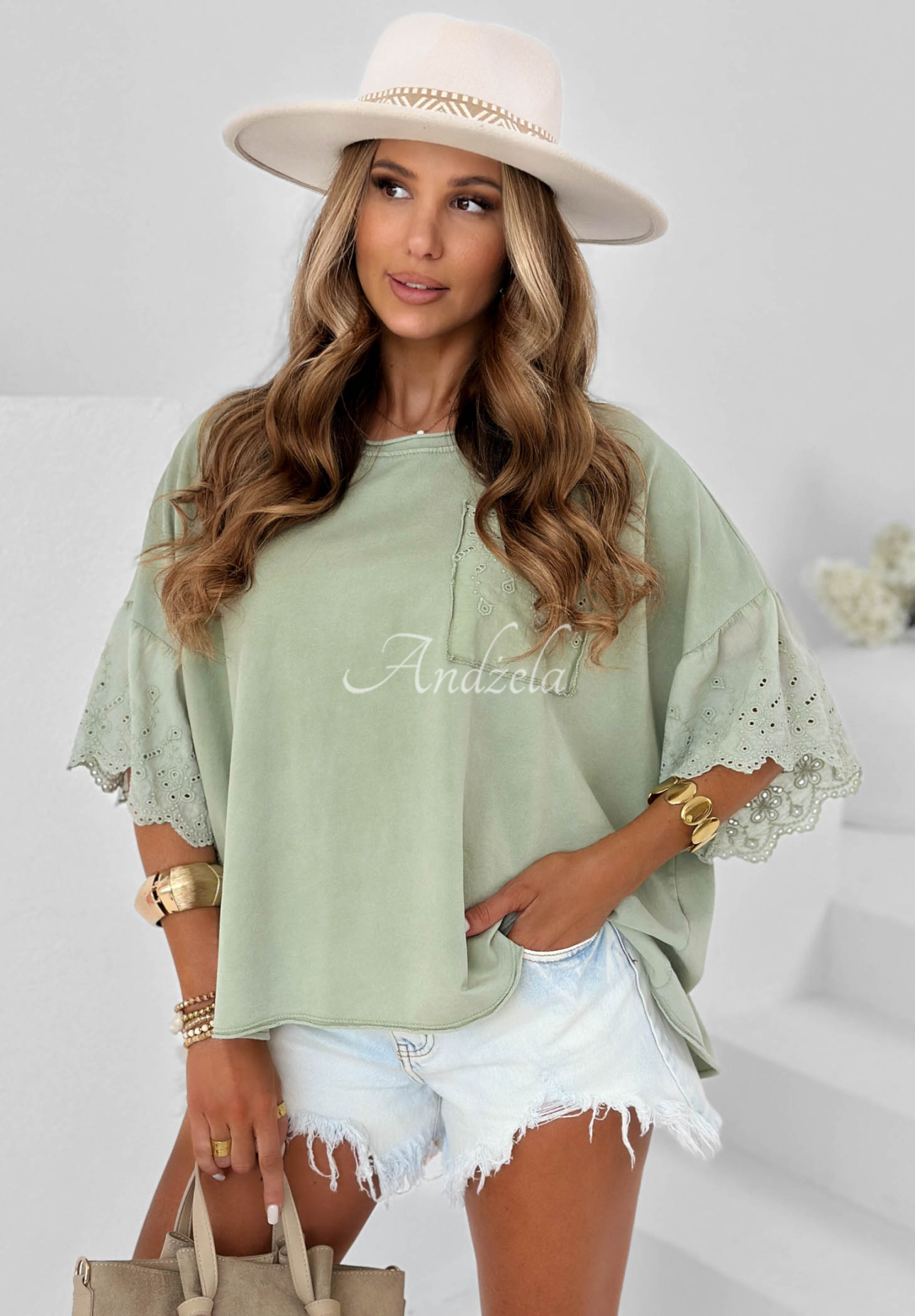 Oversized Baumwollbluse mit Lochmuster Sun Umbrella Khaki