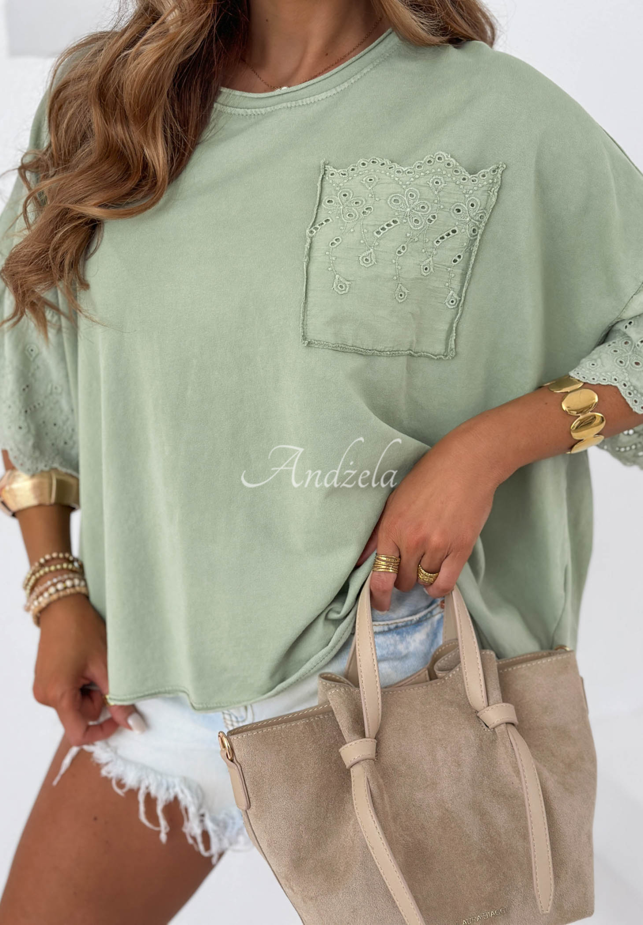 Oversized Baumwollbluse mit Lochmuster Sun Umbrella Khaki
