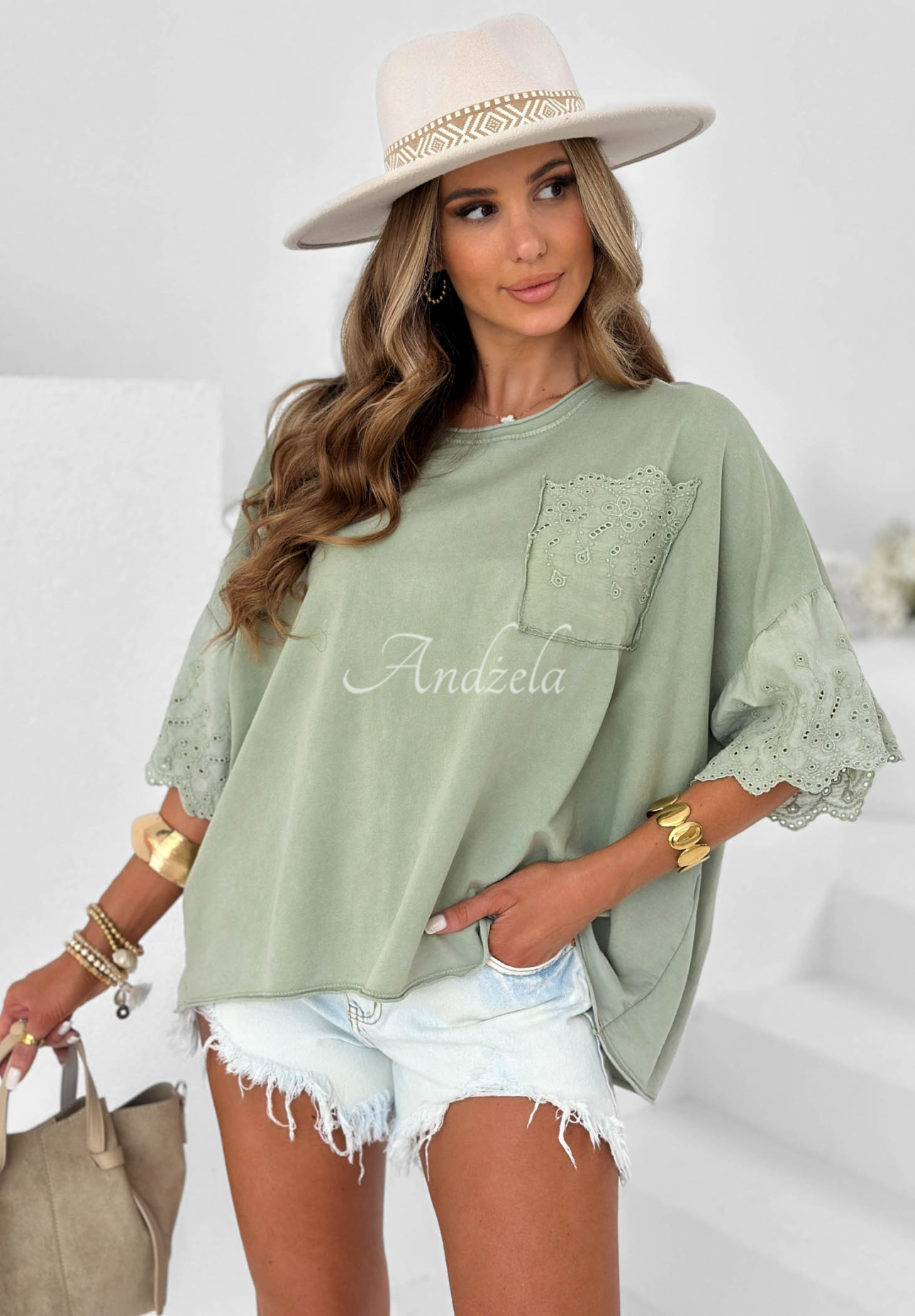 Oversized Baumwollbluse mit Lochmuster Sun Umbrella Khaki