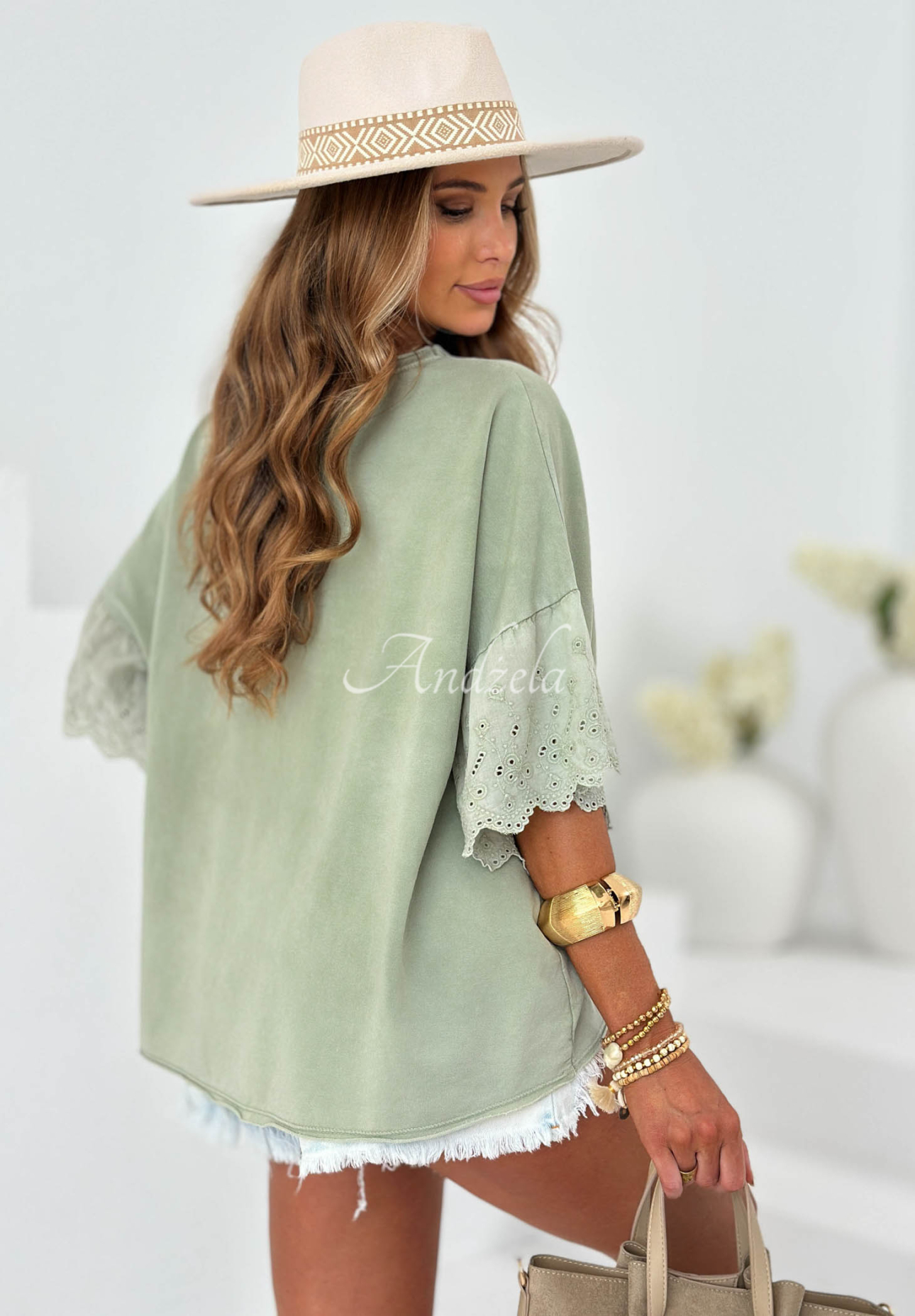 Oversized Baumwollbluse mit Lochmuster Sun Umbrella Khaki