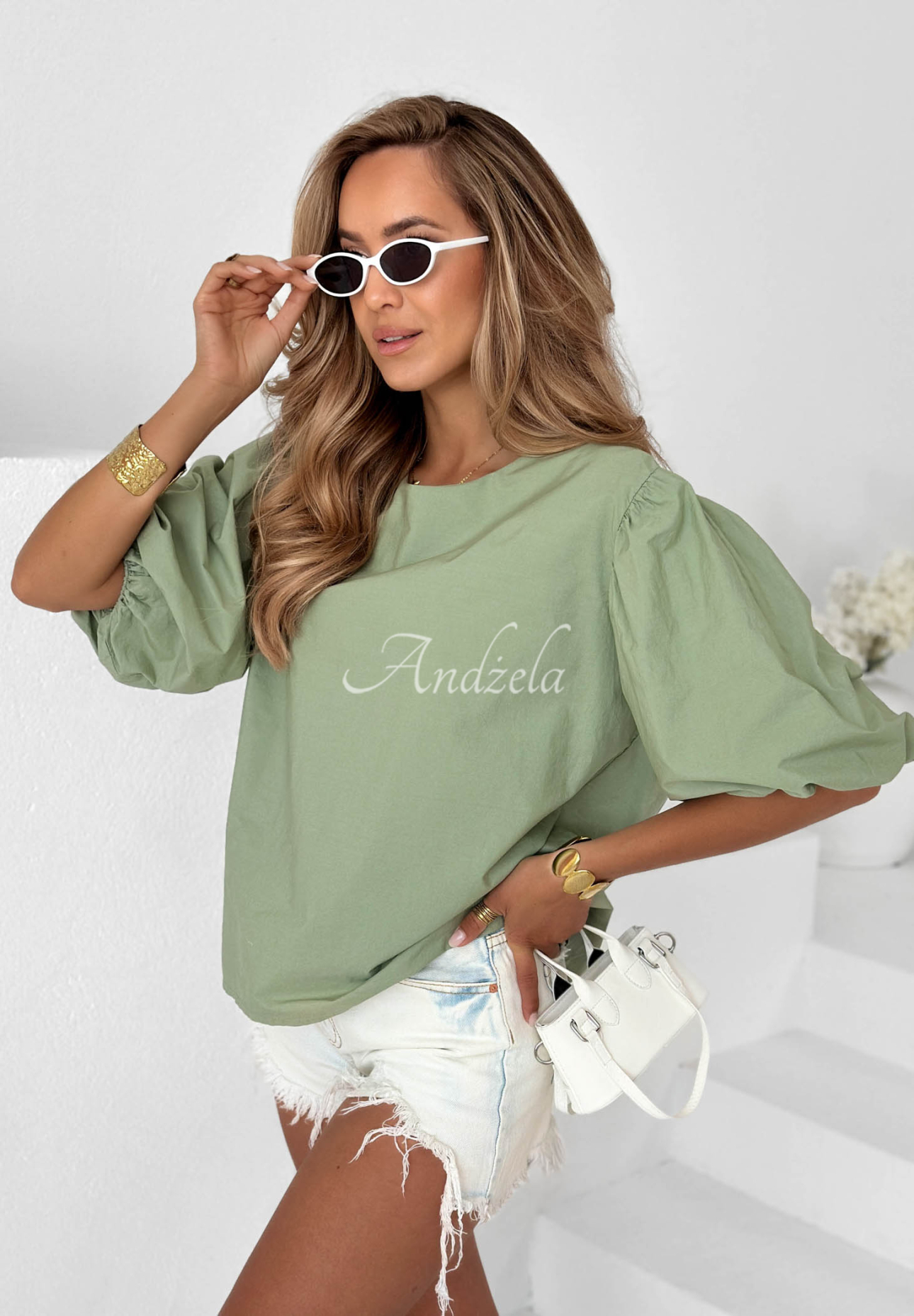Baumwollbluse mit Puffärmeln Sweet Summer Khaki