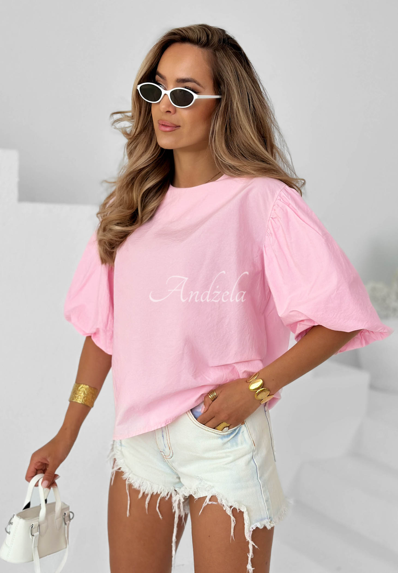 Baumwollbluse mit Puffärmeln Sweet Summer Rosa