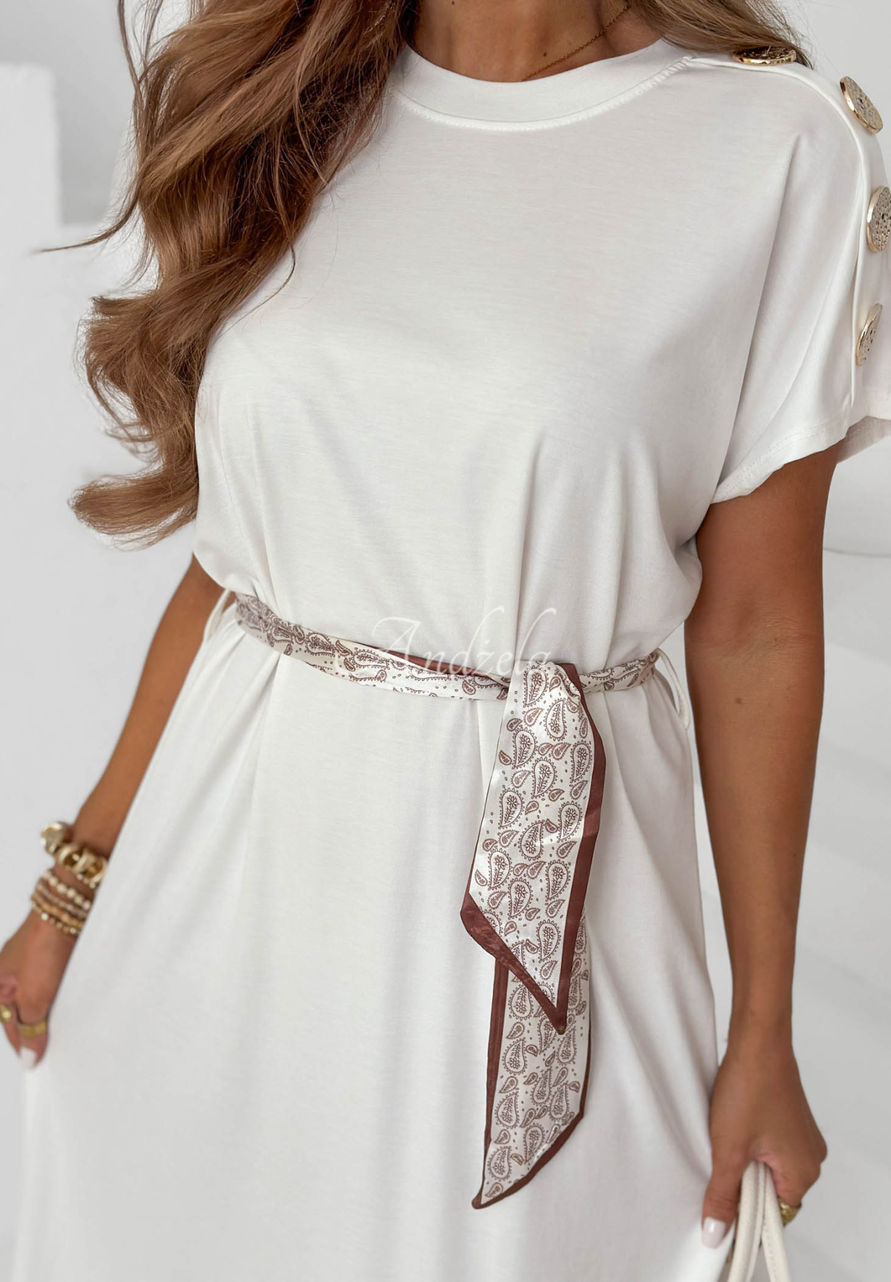 Midikleid aus Viskose mit Halstuch und Zierknöpfen Sailor Charm Weiß