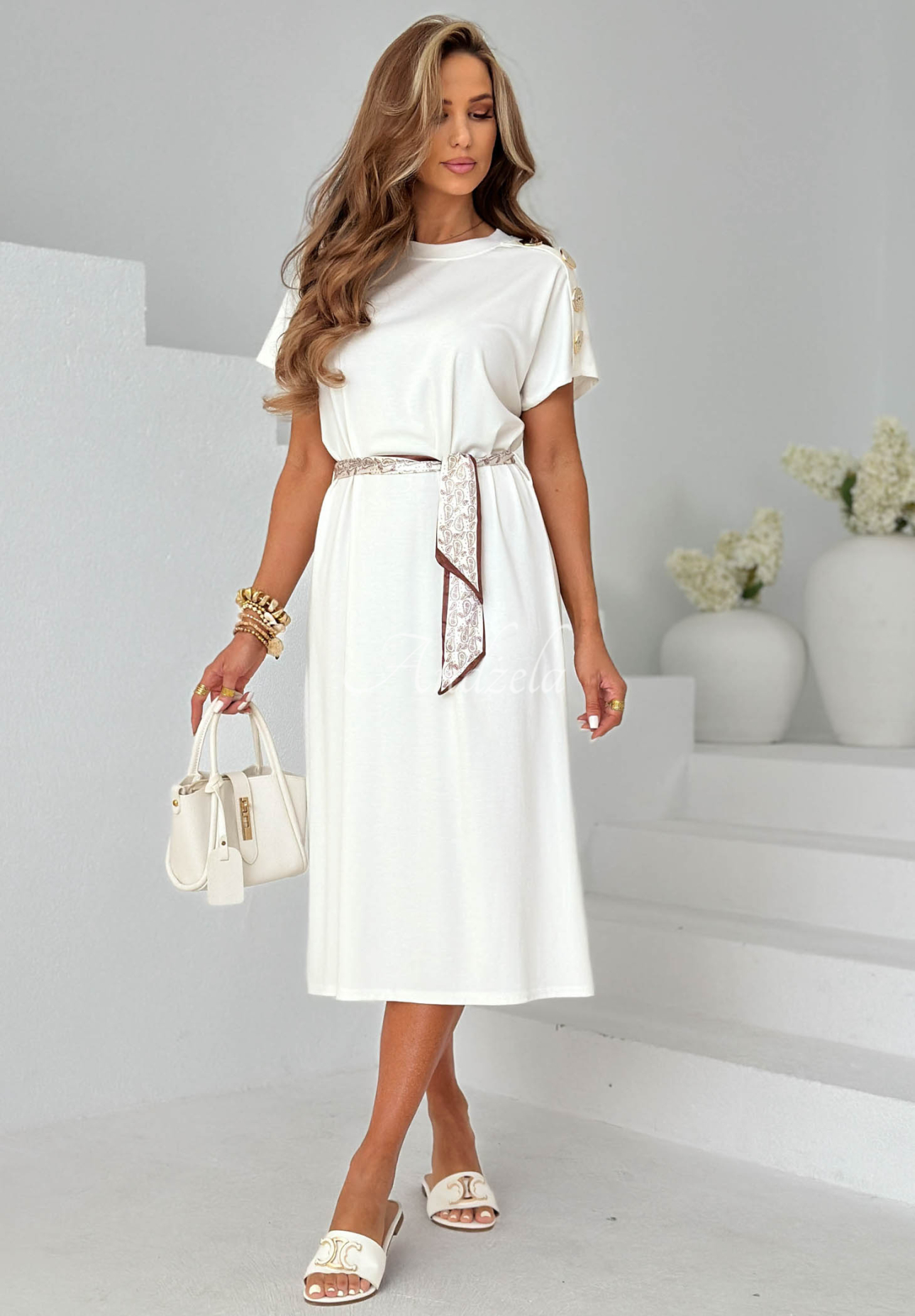 Midikleid aus Viskose mit Halstuch und Zierknöpfen Sailor Charm Weiß