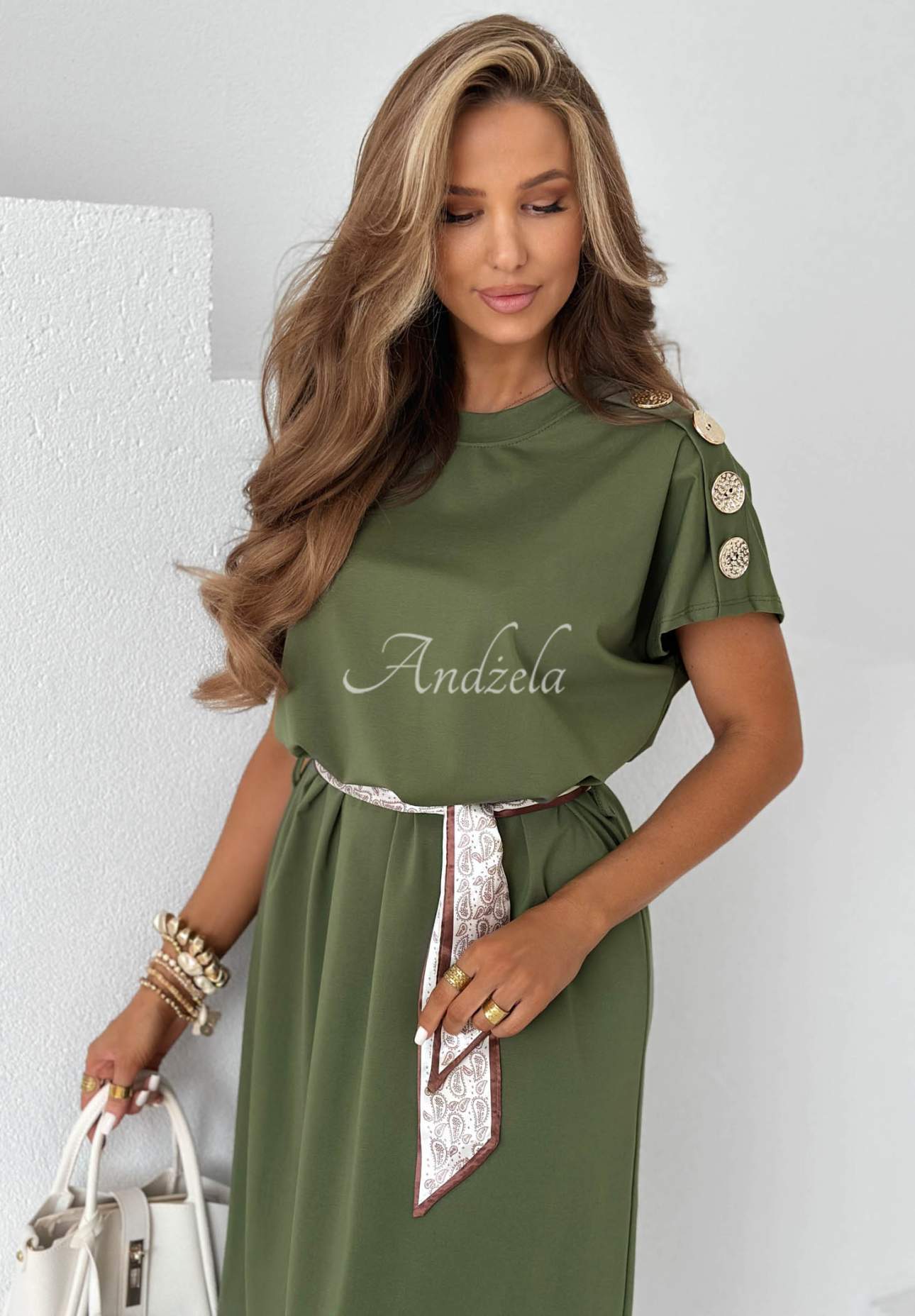 Midikleid aus Viskose mit Halstuch und Zierknöpfen Sailor Charm Khaki
