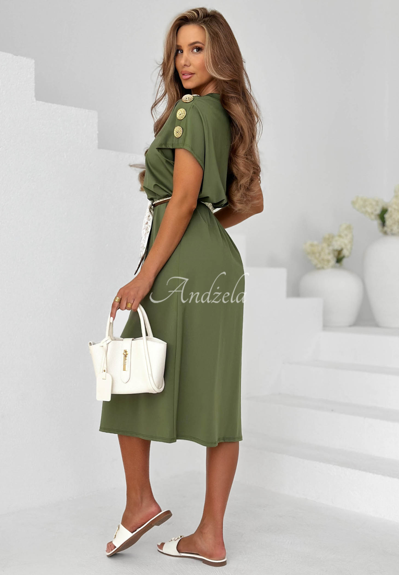 Midikleid aus Viskose mit Halstuch und Zierknöpfen Sailor Charm Khaki