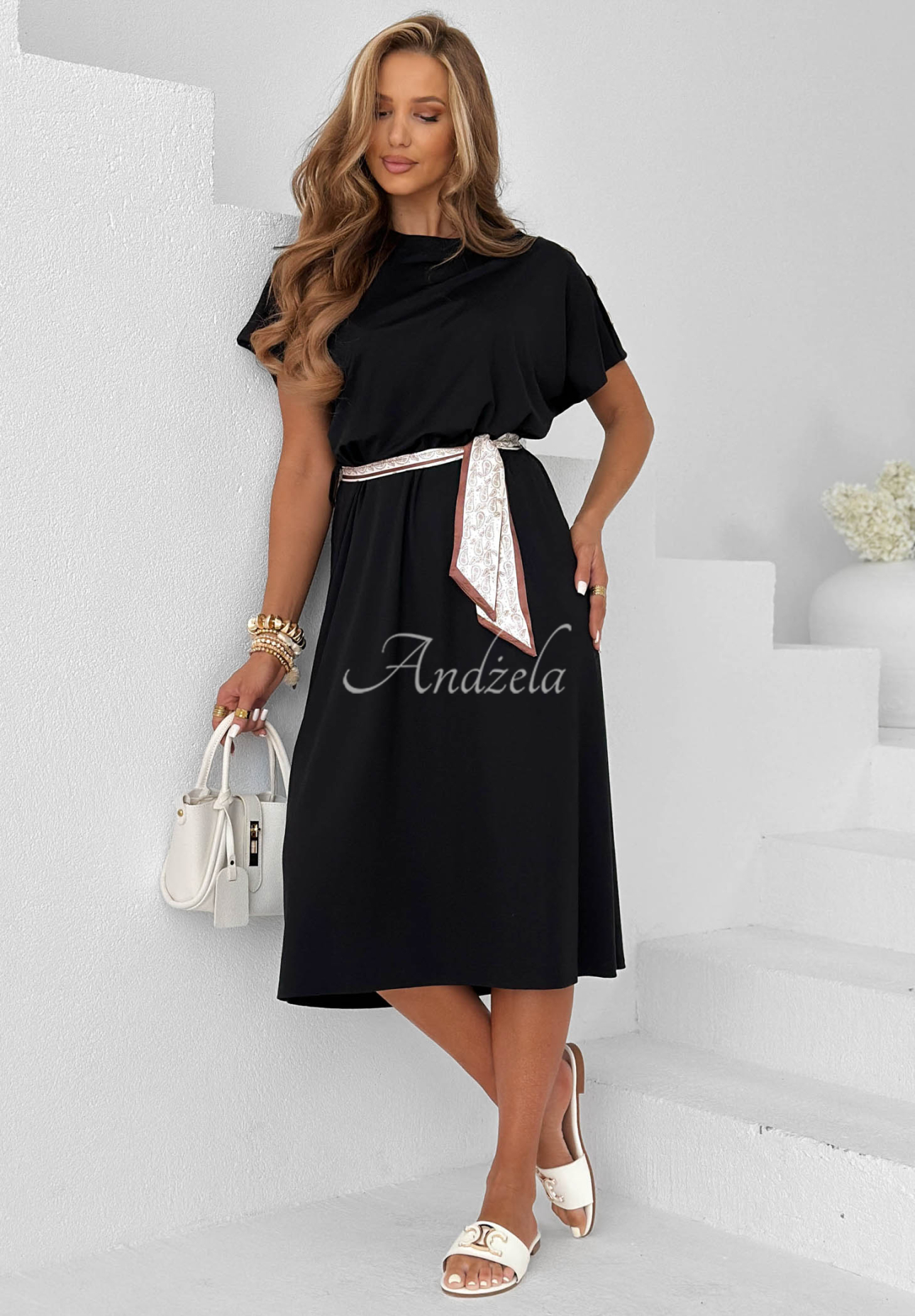 Midikleid aus Viskose mit Halstuch und Zierknöpfen Sailor Charm Schwarz