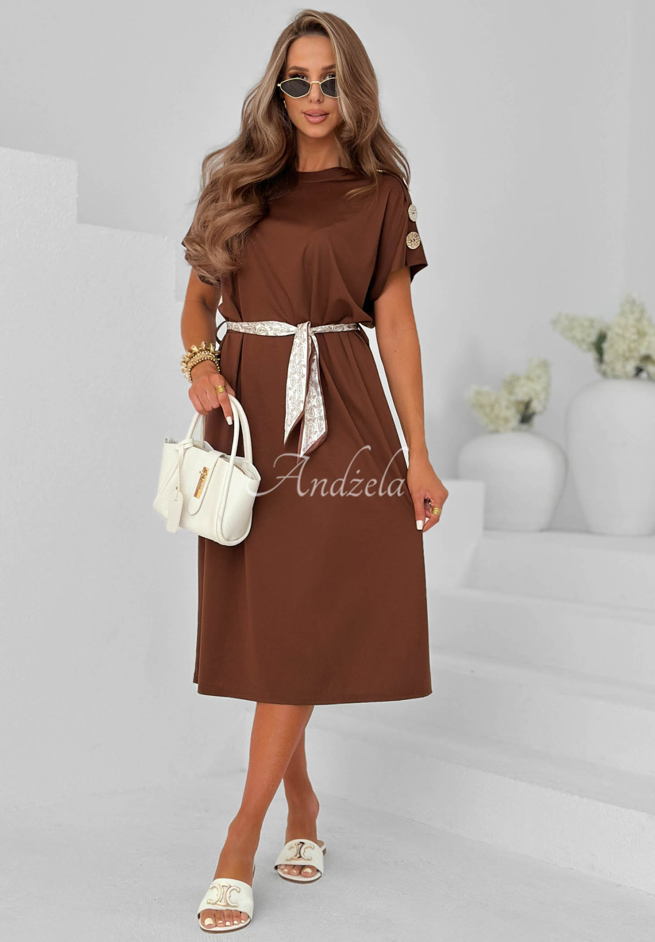 Midikleid aus Viskose mit Halstuch und Zierknöpfen Sailor Charm Schokoladenbraun
