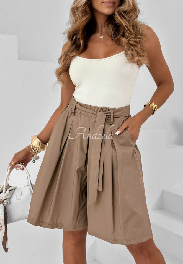 Kurze Baumwoll-Bermudas mit Bindeg&uuml;rtel Palm Club Beige