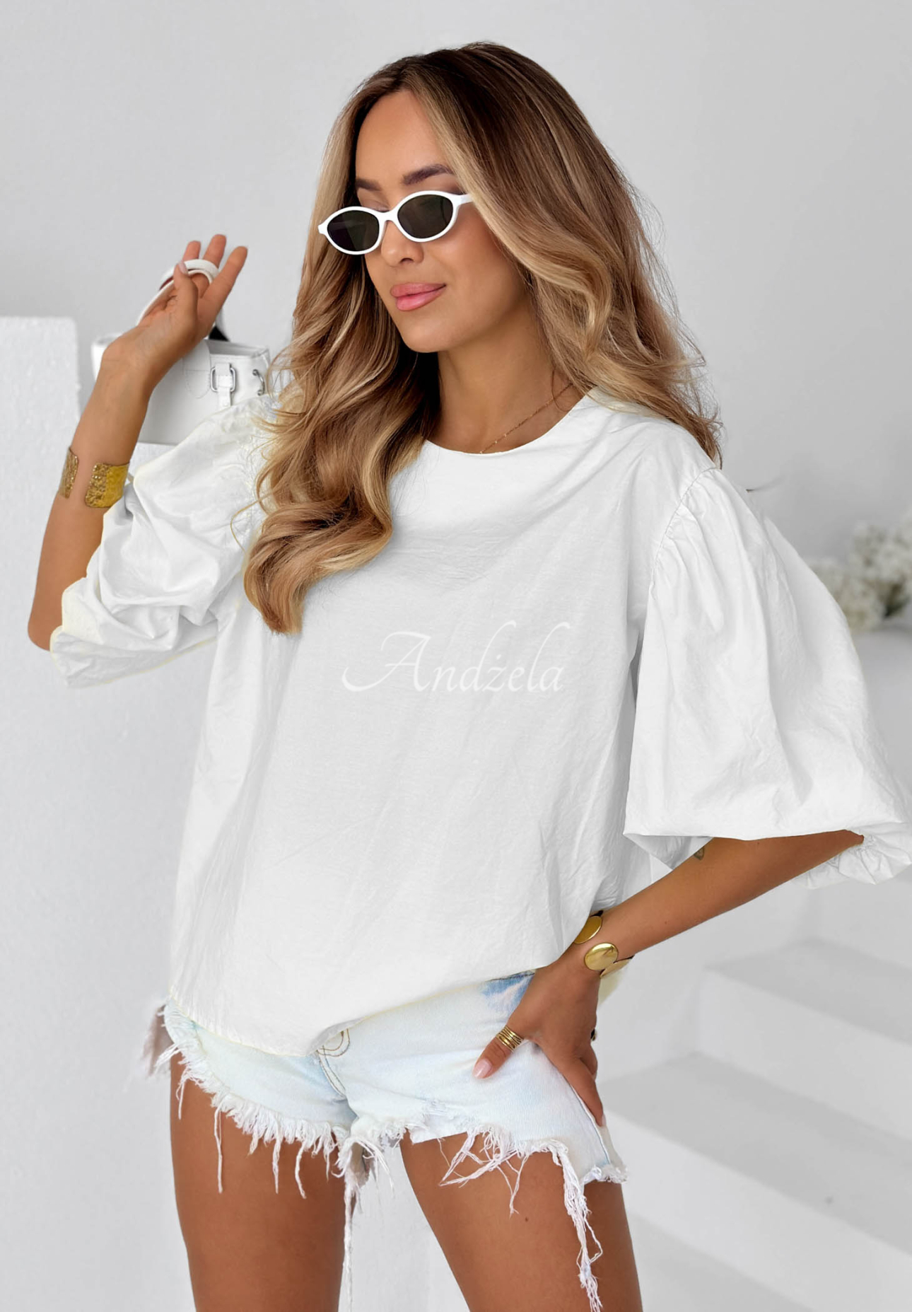 Baumwollbluse mit Puffärmeln Sweet Summer Weiß