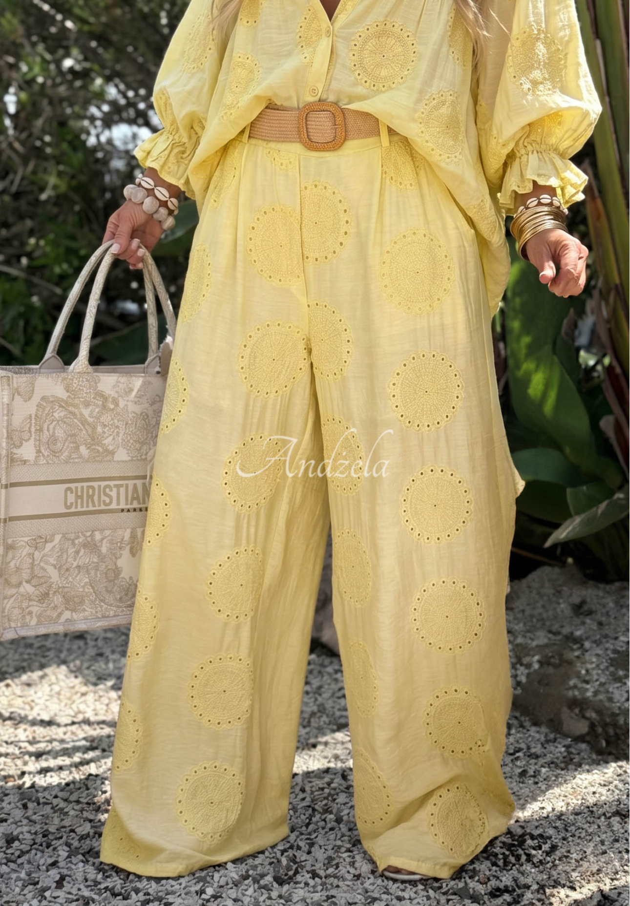 Bestickte, weite Boho-Baumwollhose Ti Amo Gelb