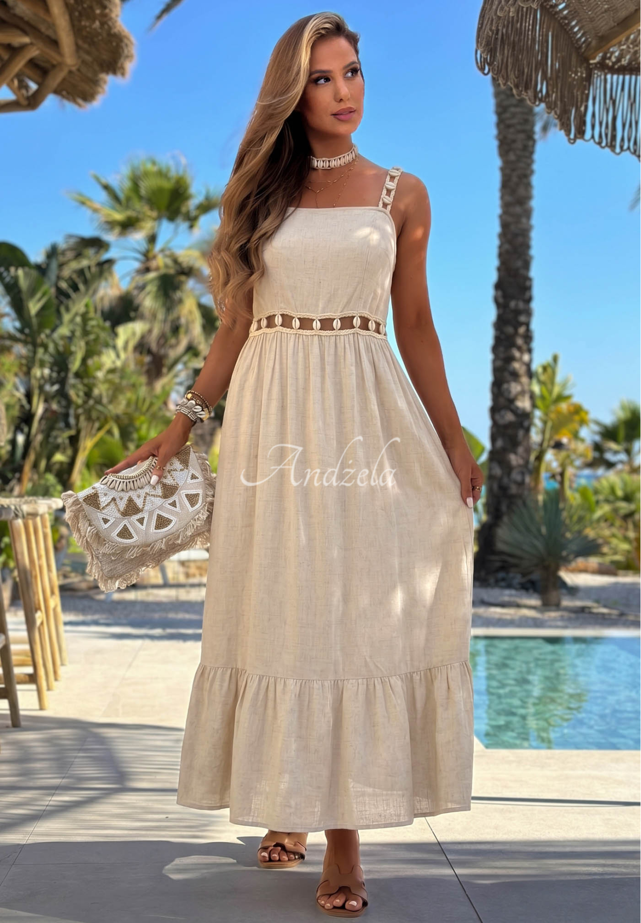 Trägerkleid mit Muscheln und Leinen Golden Shell Beige