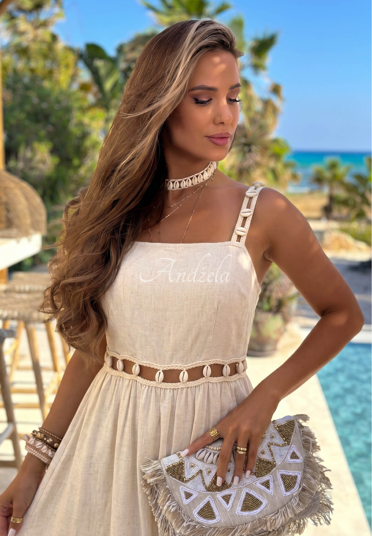 Trägerkleid mit Muscheln und Leinen Golden Shell Beige