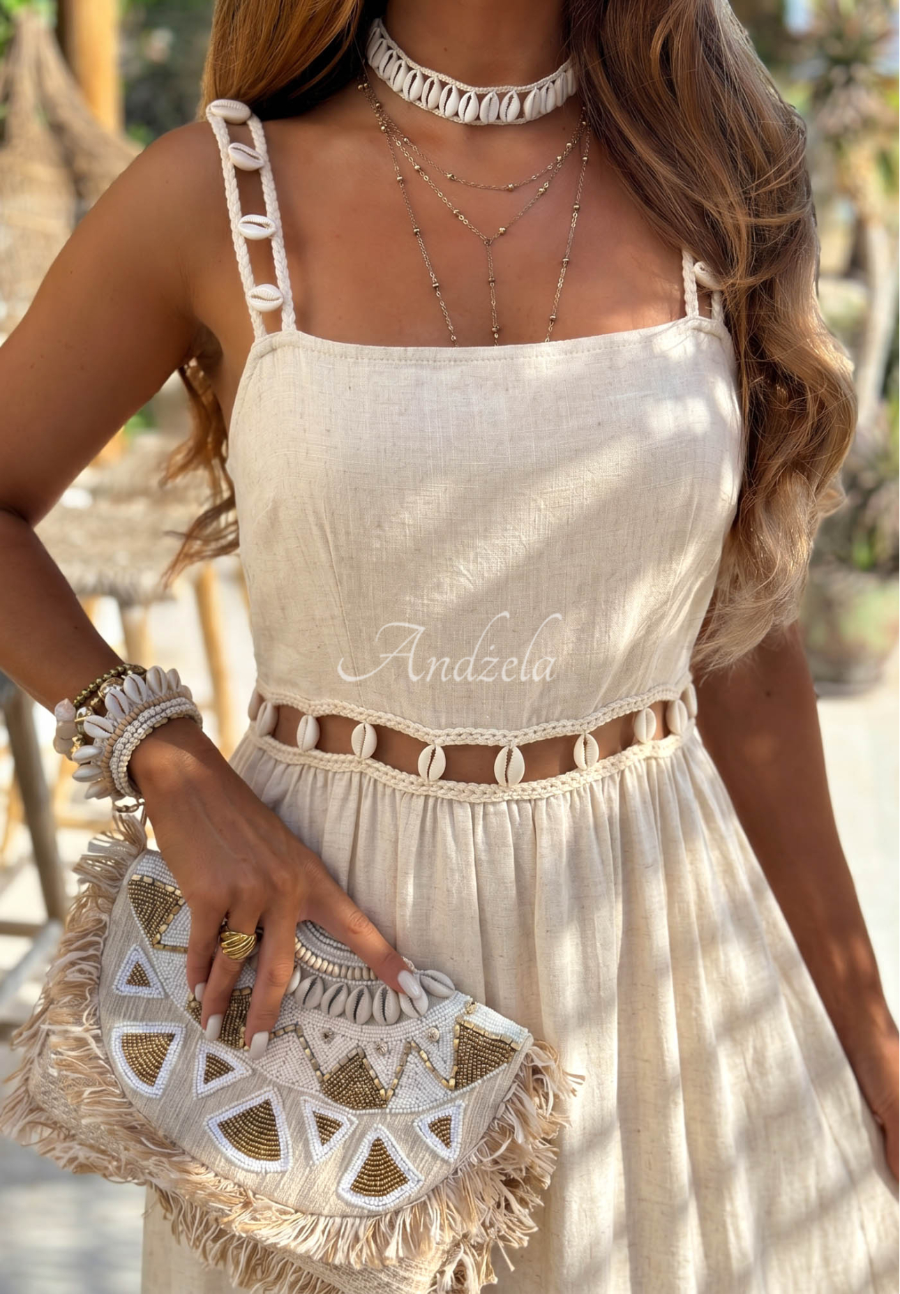 Trägerkleid mit Muscheln und Leinen Golden Shell Beige