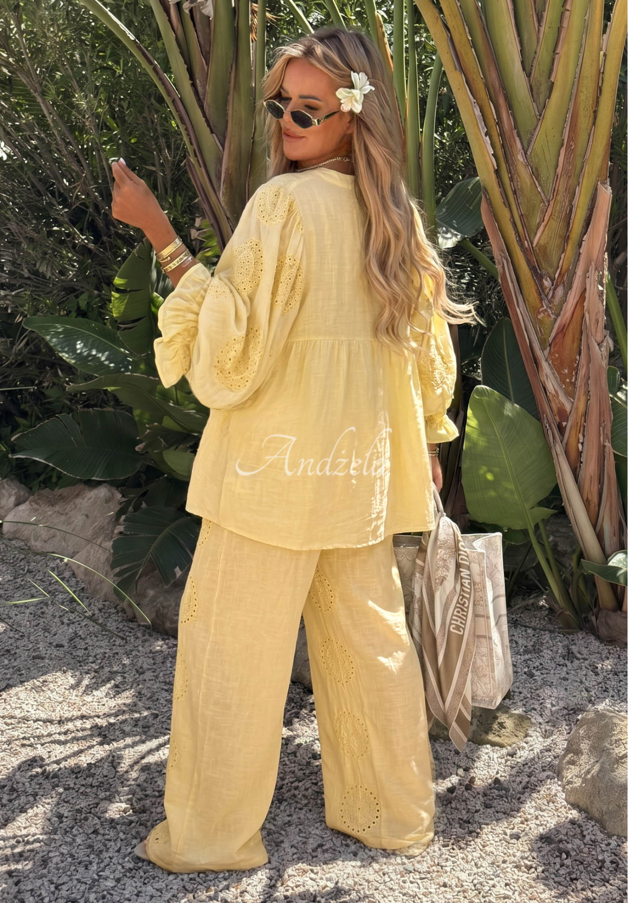 Bestickte, asymmetrische Boho-Baumwollbluse Ti Amo Gelb