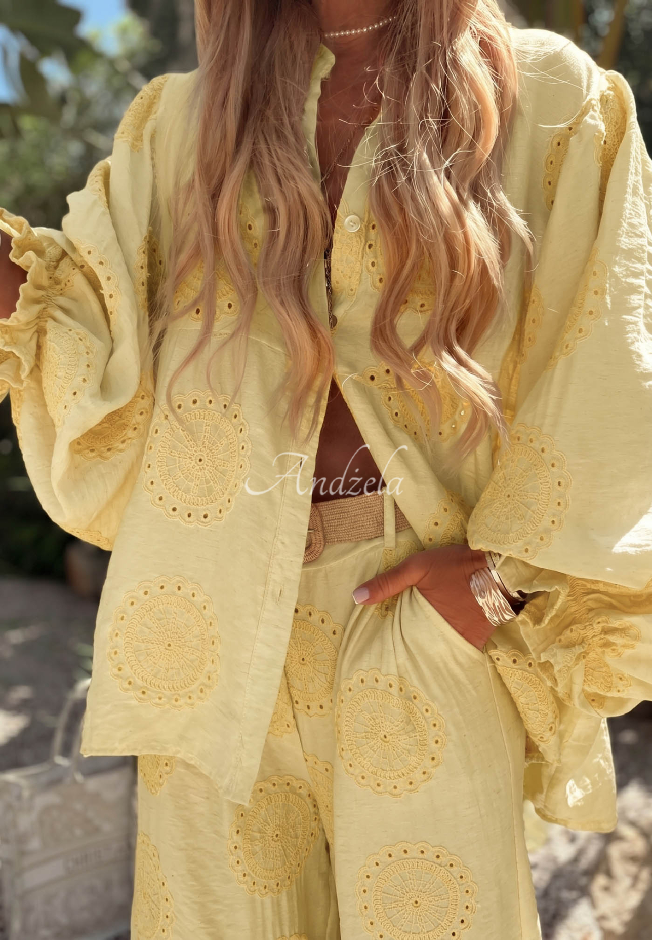 Bestickte, asymmetrische Boho-Baumwollbluse Ti Amo Gelb