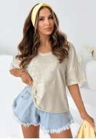 Bawełniany T-Shirt z haftem Pretty Butterfly Beige