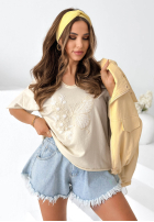 Bawełniany T-Shirt z haftem Pretty Butterfly Beige