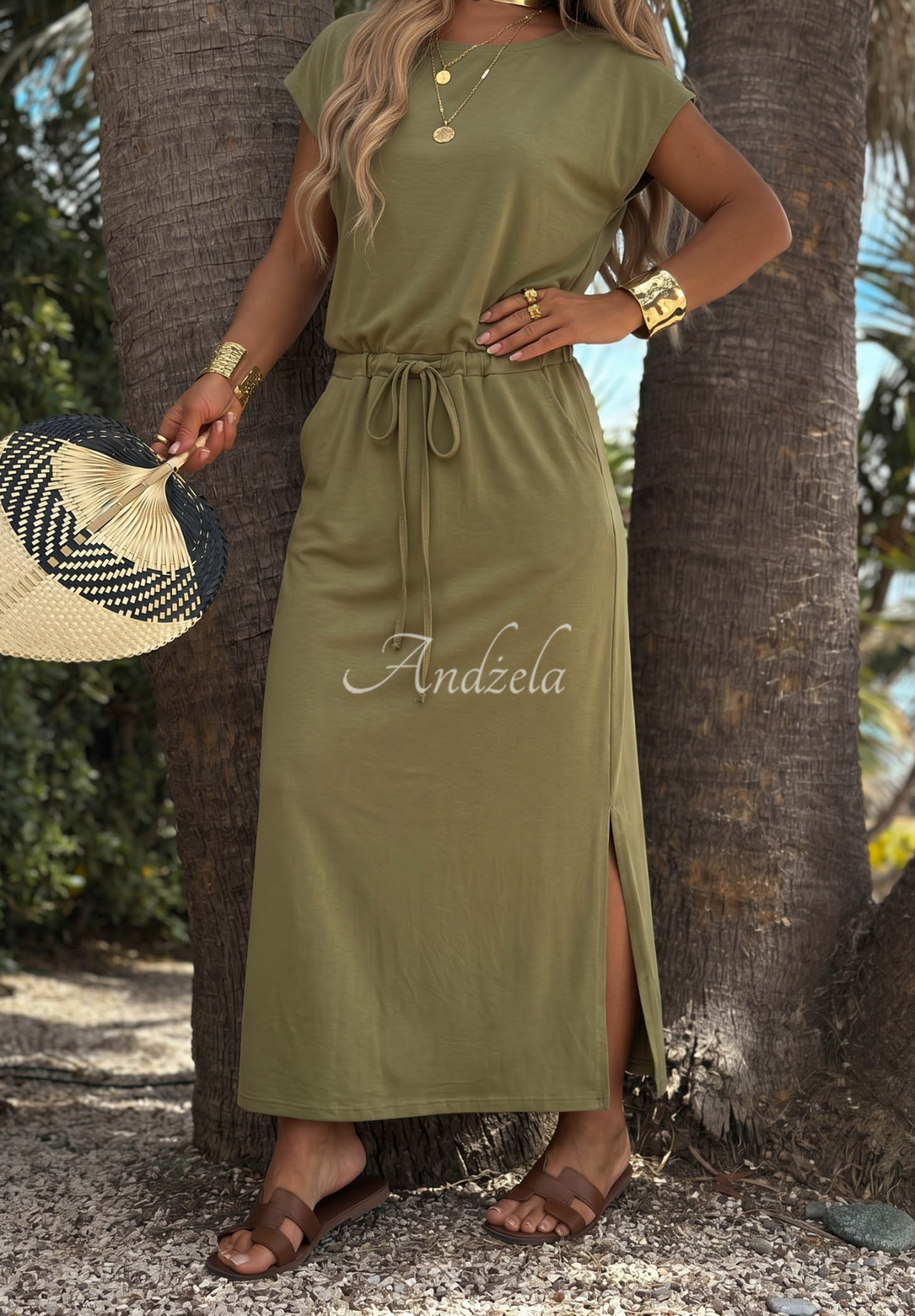 Baumwollkleid mit Kordelzug Moonlight Harbor Olivgrün