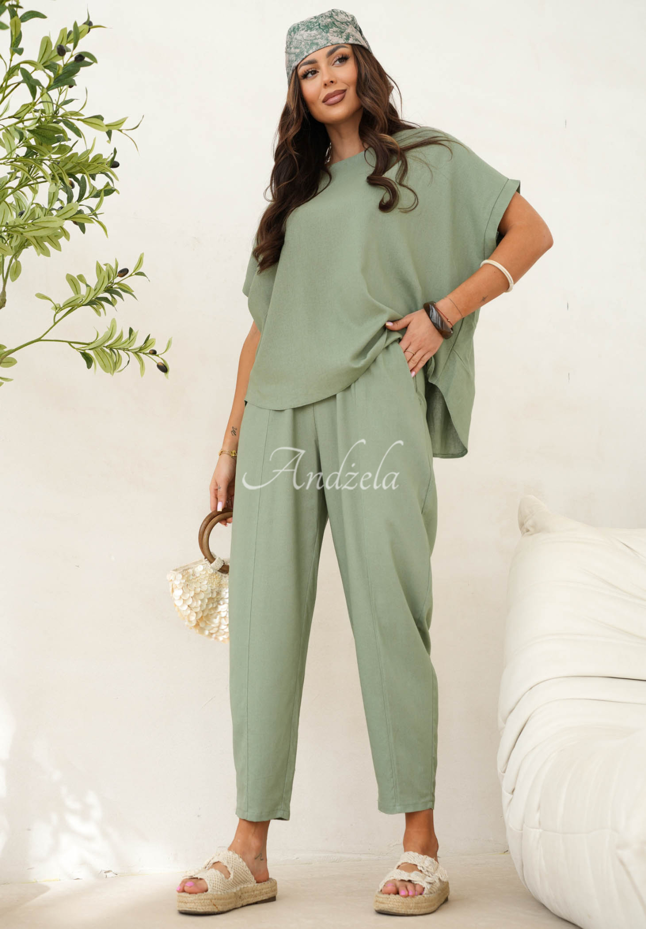 Leinen-Set Bluse und Hose City Safari Khaki